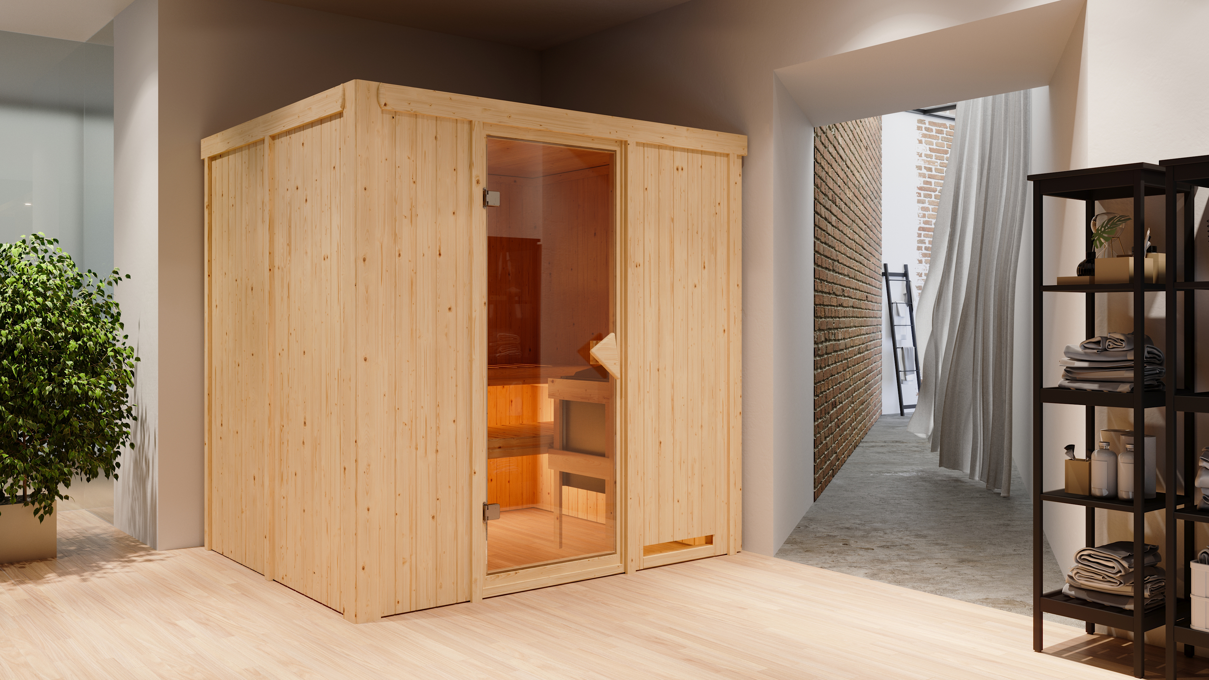 Karibu Sauna Sodin als stimmungsvoller Wellnessbereich in einem modern eingerichteten Wohnraum
