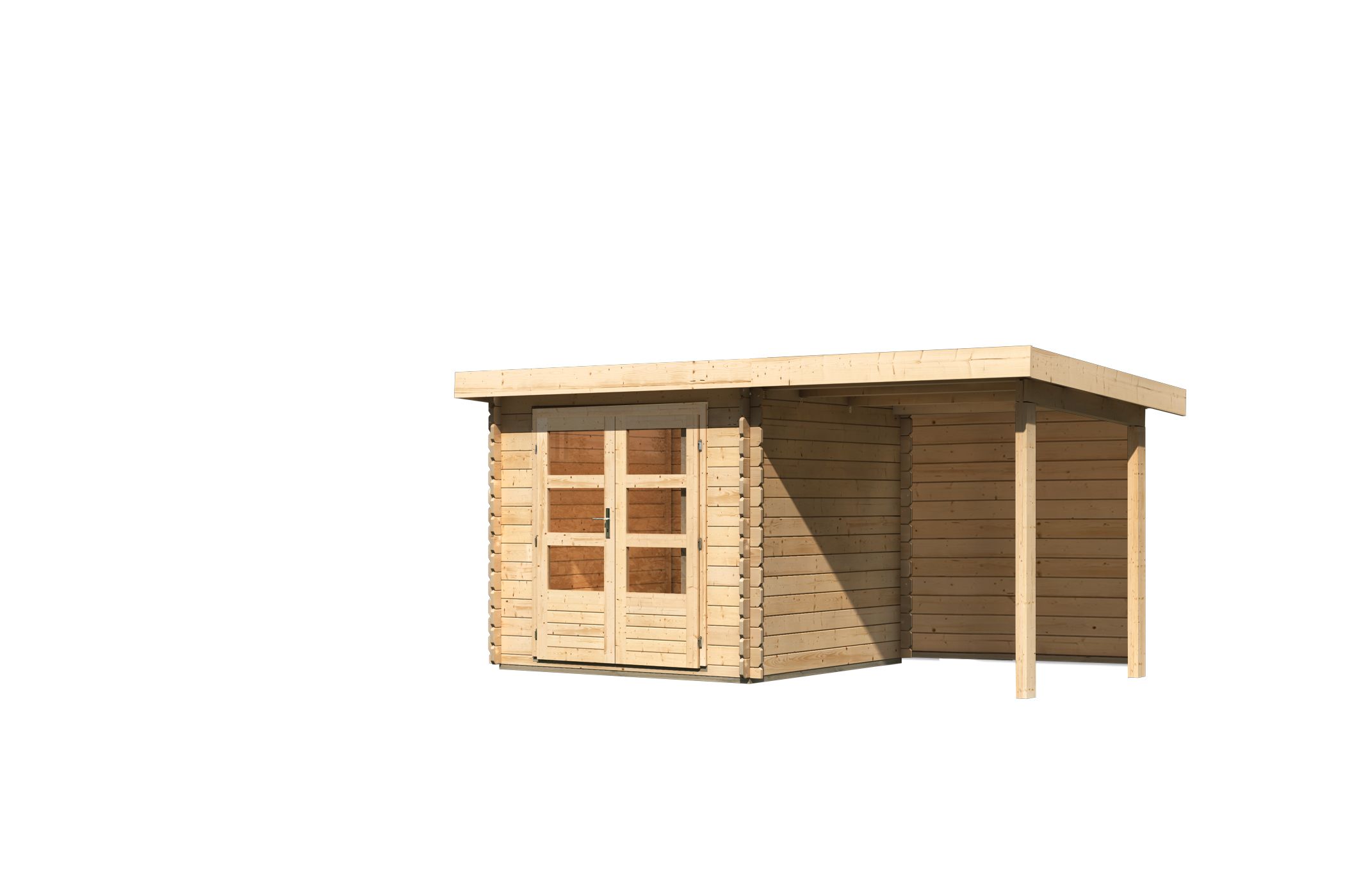 Karibu Gerätehaus Bastrup 2 in Naturbelassen und Anbaudach, Freisteller