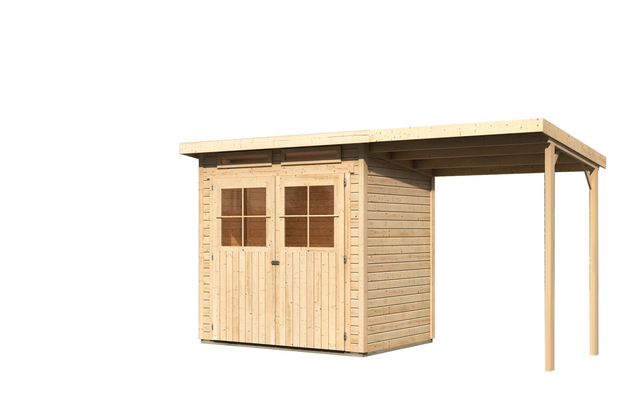 Karibu Gerätehaus Glücksburg 2 in Naturbelassen und Anbaudach, Freisteller