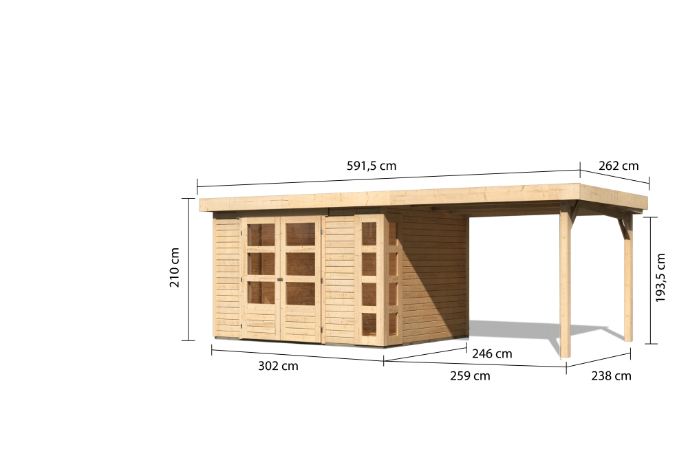 Bemaßte Maßzeichnung des Karibu großes Gerätehaus Kerko 5 mit Anbaudach, 592 × 262 cm