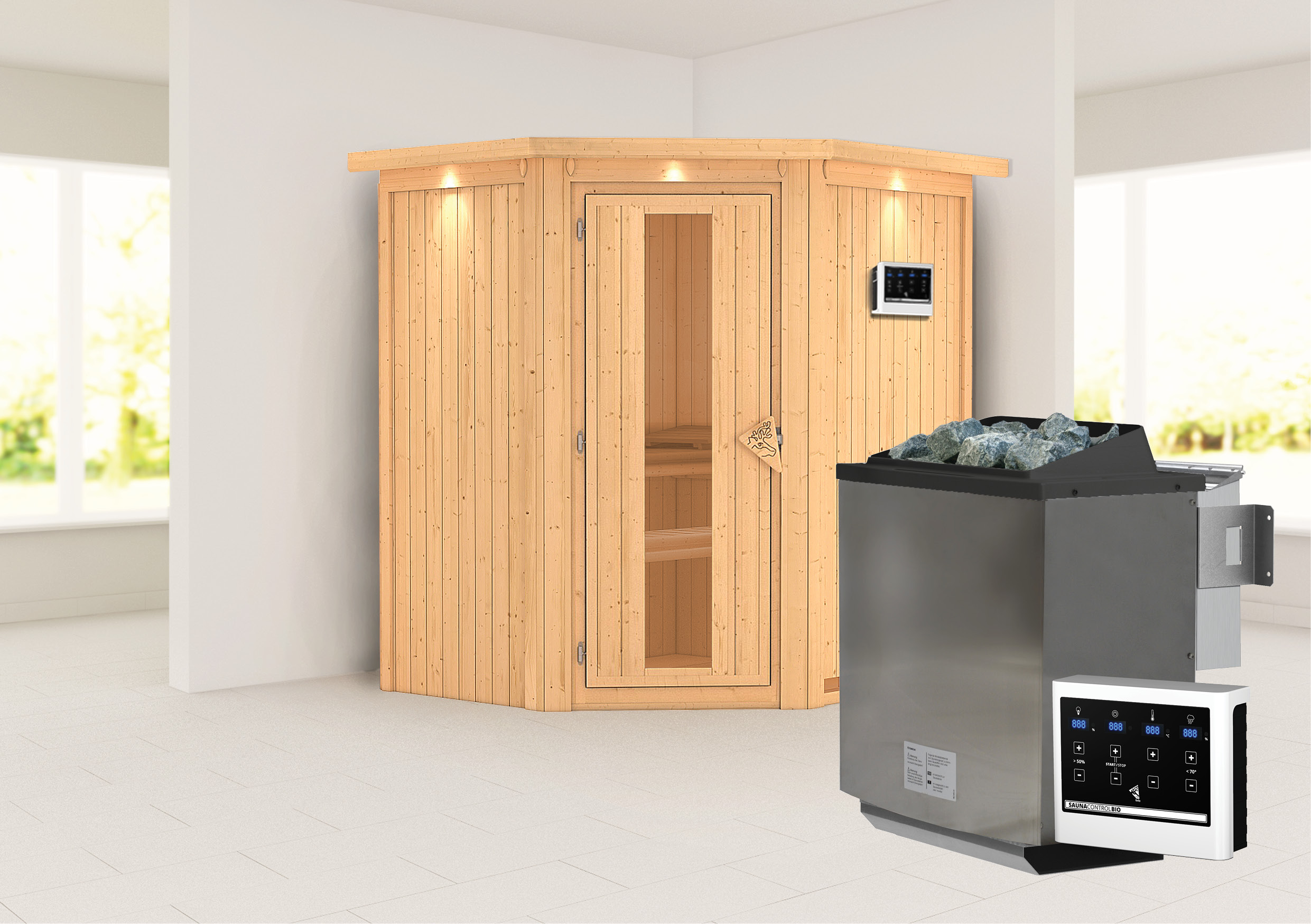 Außenansicht der Karibu Sauna Taurin aus nordischer Fichte mit isolierter Holztür und Fronteinstieg