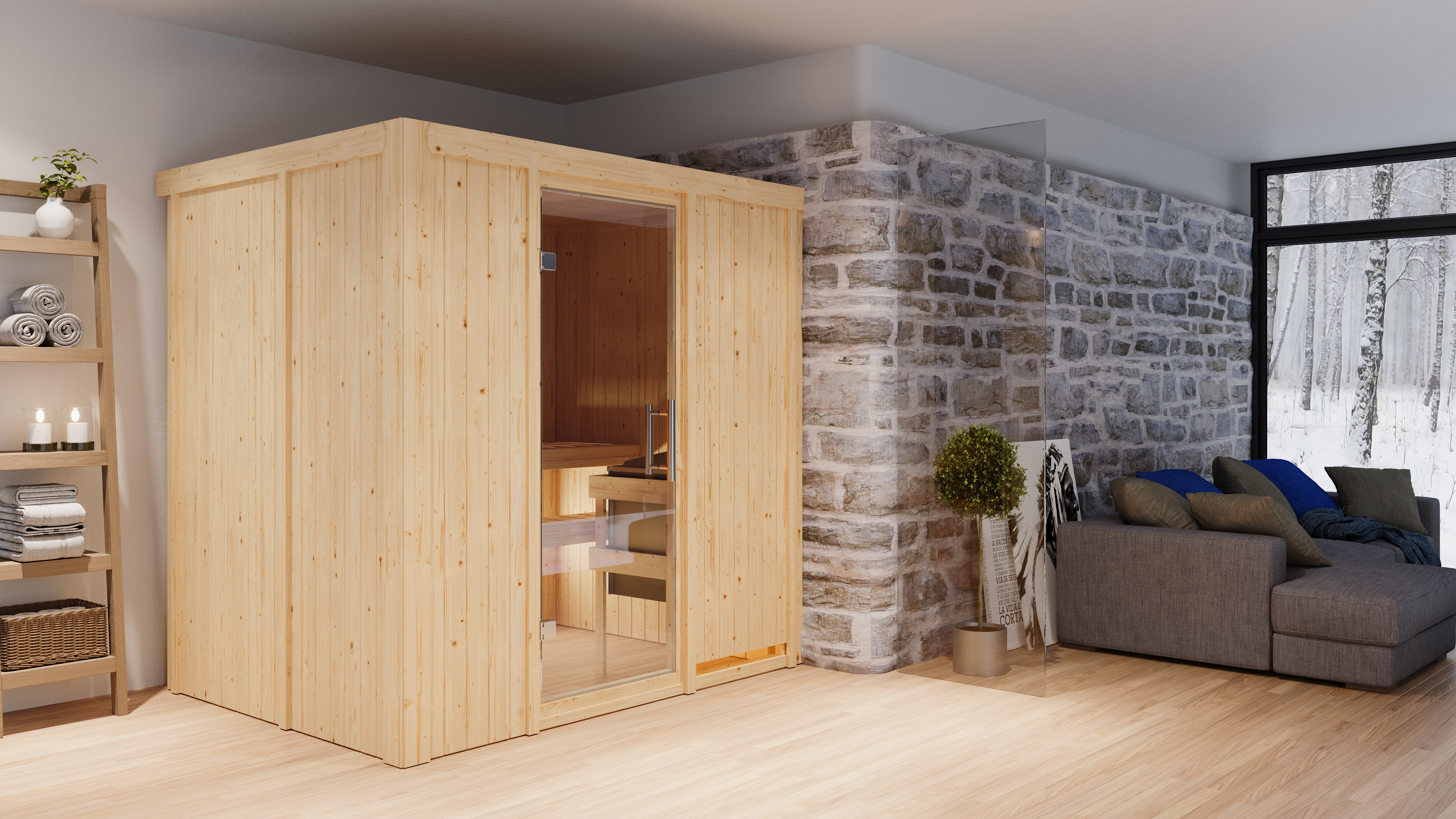 Karibu Sauna Bodin als stimmungsvoller Wellnessbereich in einem modern eingerichteten Wohnraum