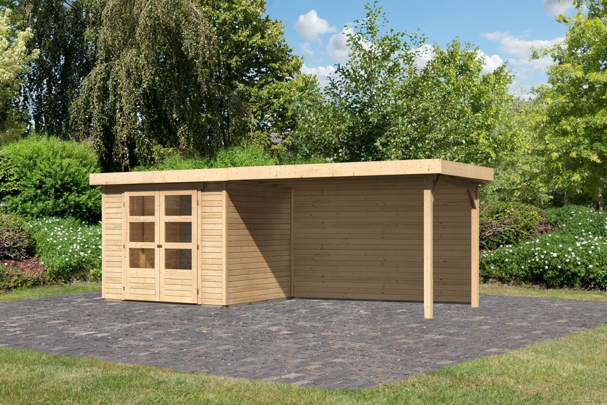 Karibu Gerätehaus Askola 3 in Naturbelassen und Anbaudach, Außenansicht