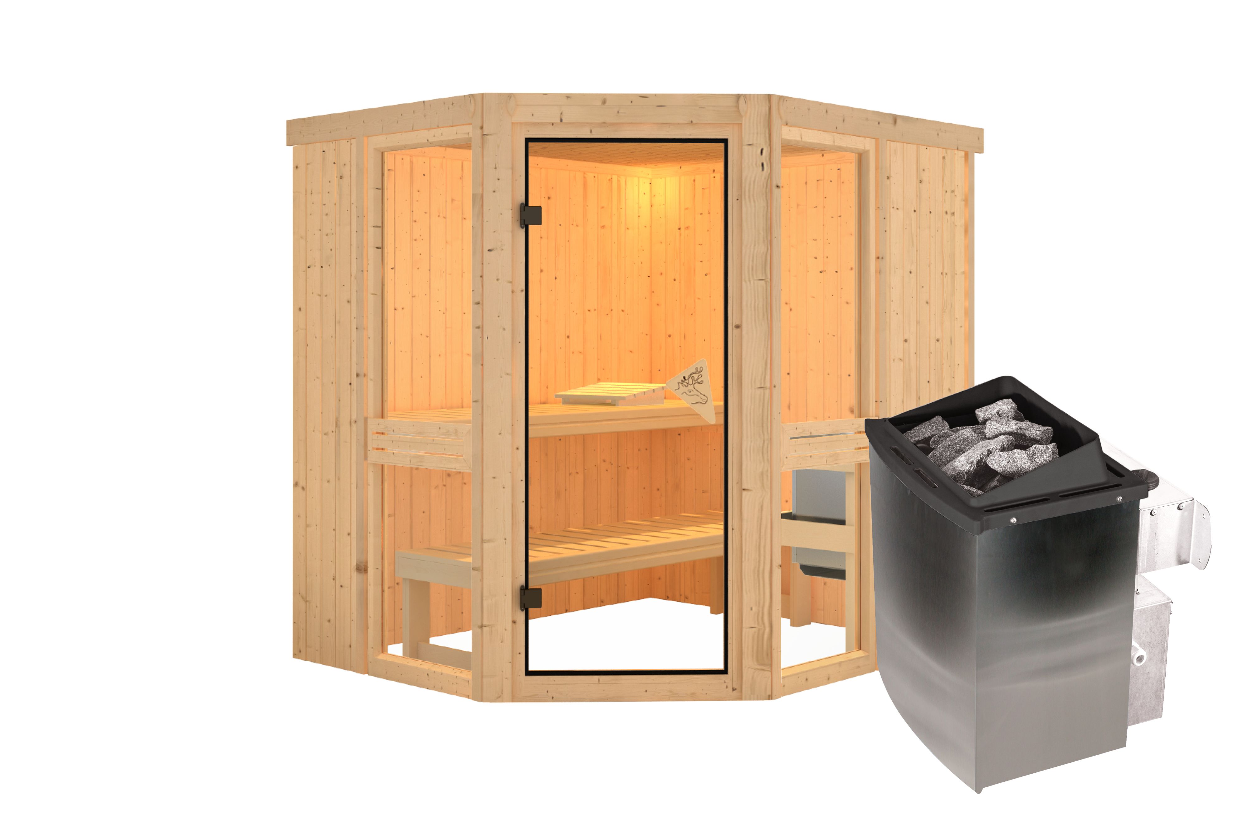 Innenansicht der Karibu Sauna Amelia 1 mit Liegen und Kopfstütze aus hellem Espenholz