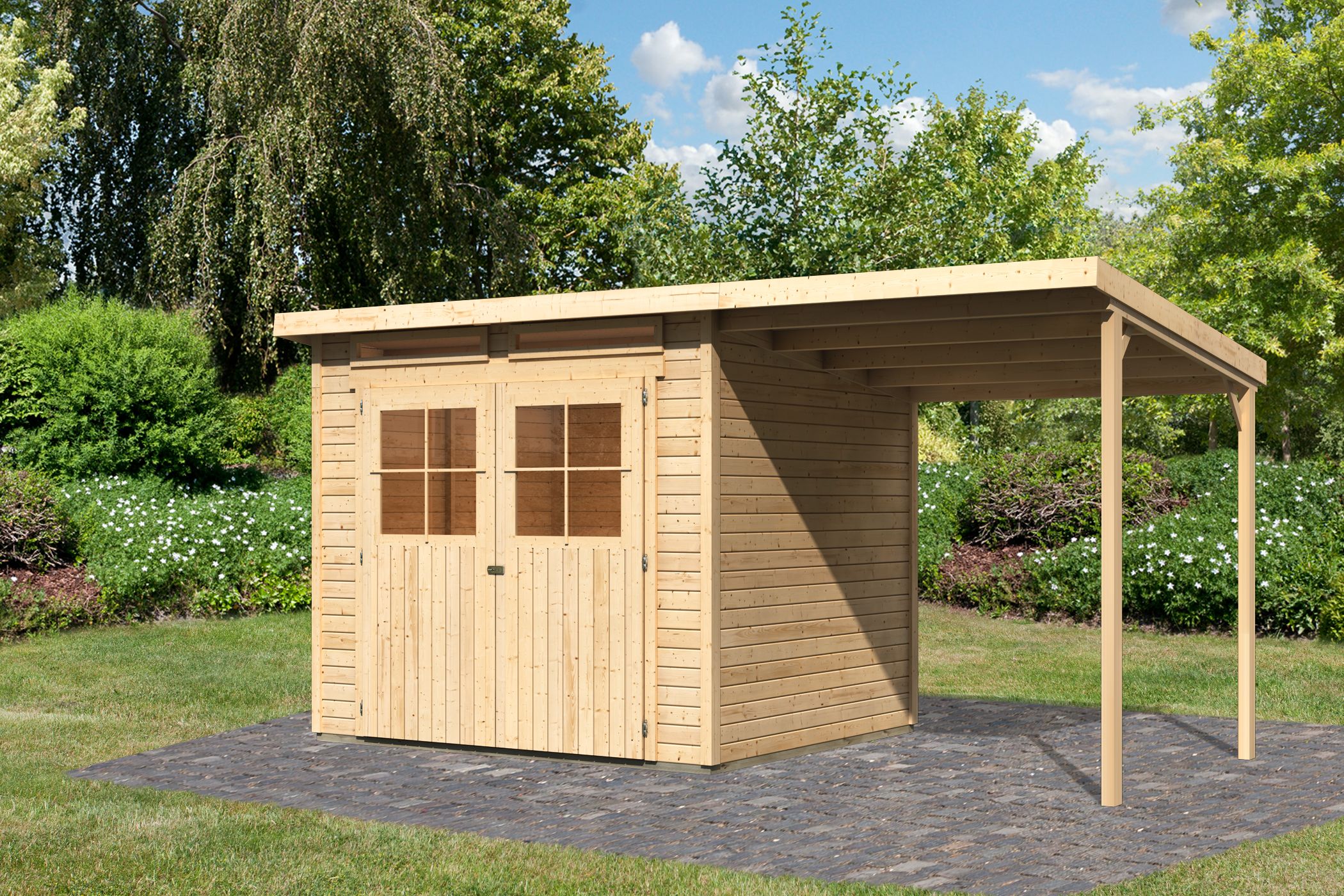 Karibu Gerätehaus Glücksburg 4 in Naturbelassen und Anbaudach, Außenansicht
