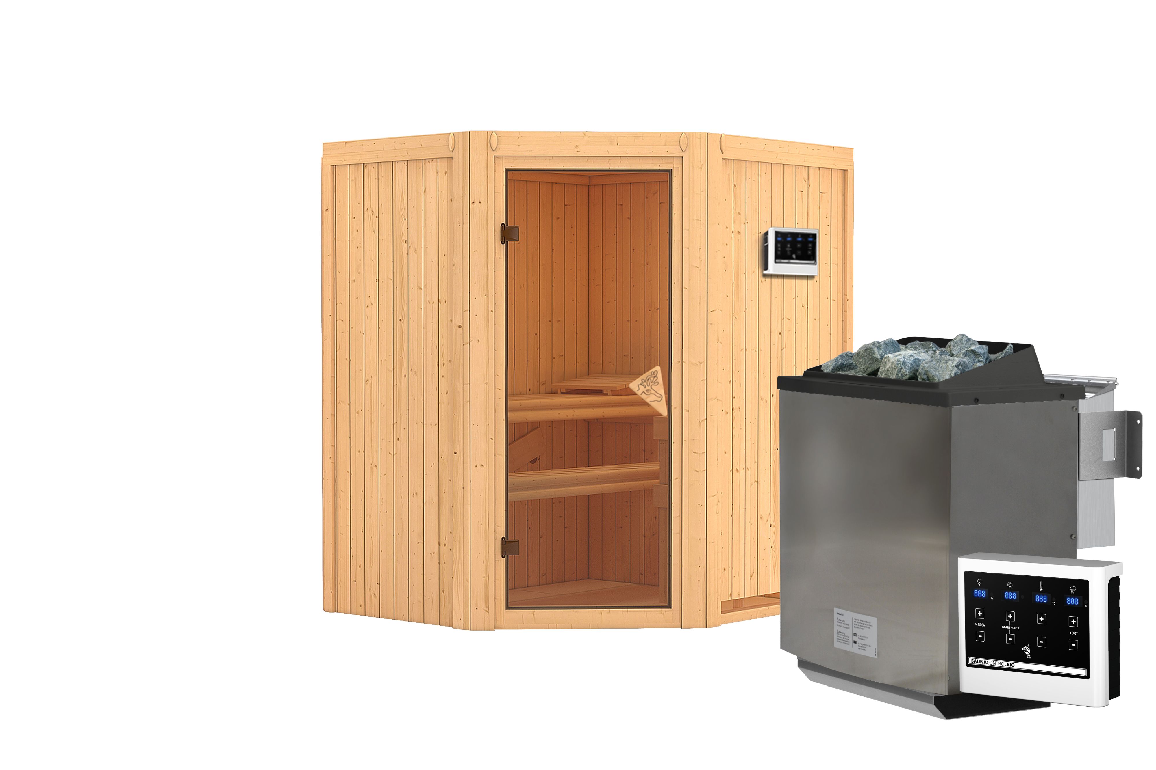 Innenansicht der Karibu Sauna Taurin mit Liegen und Kopfstütze aus hellem Espenholz