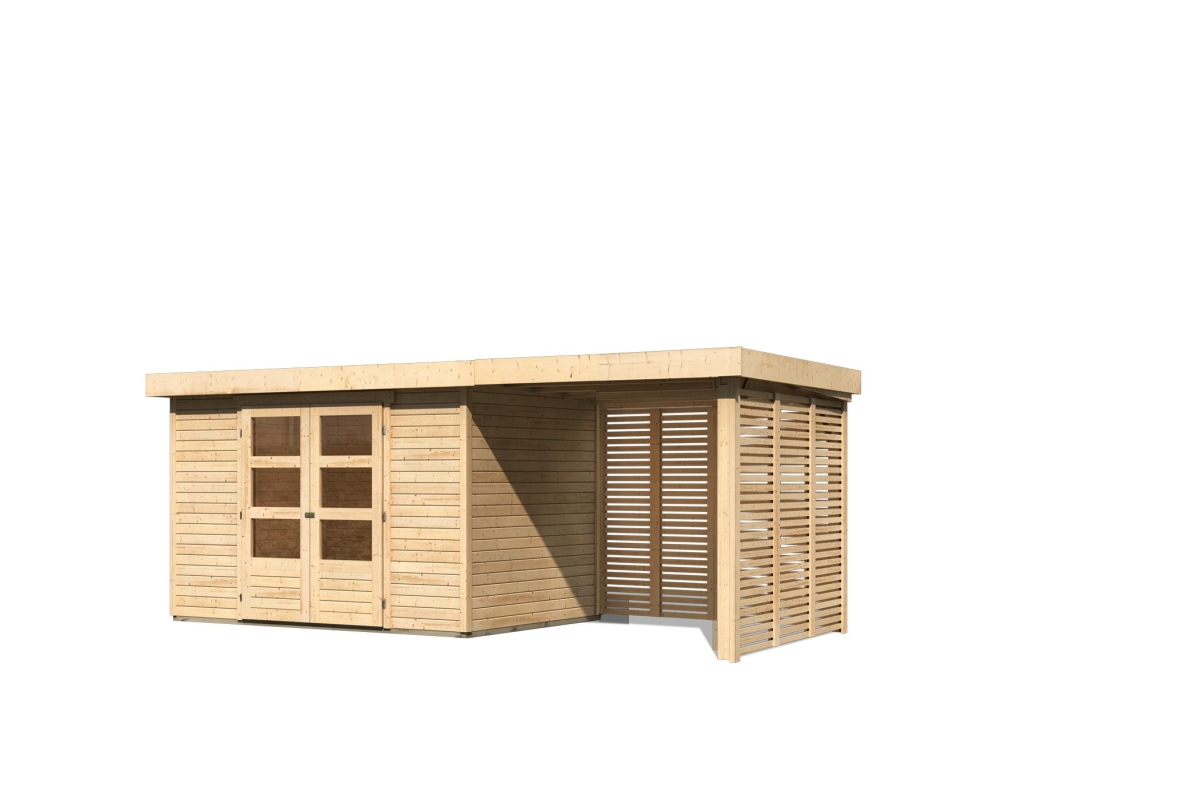 Karibu Gerätehaus Askola 4 in Naturbelassen und Anbaudach, Freisteller