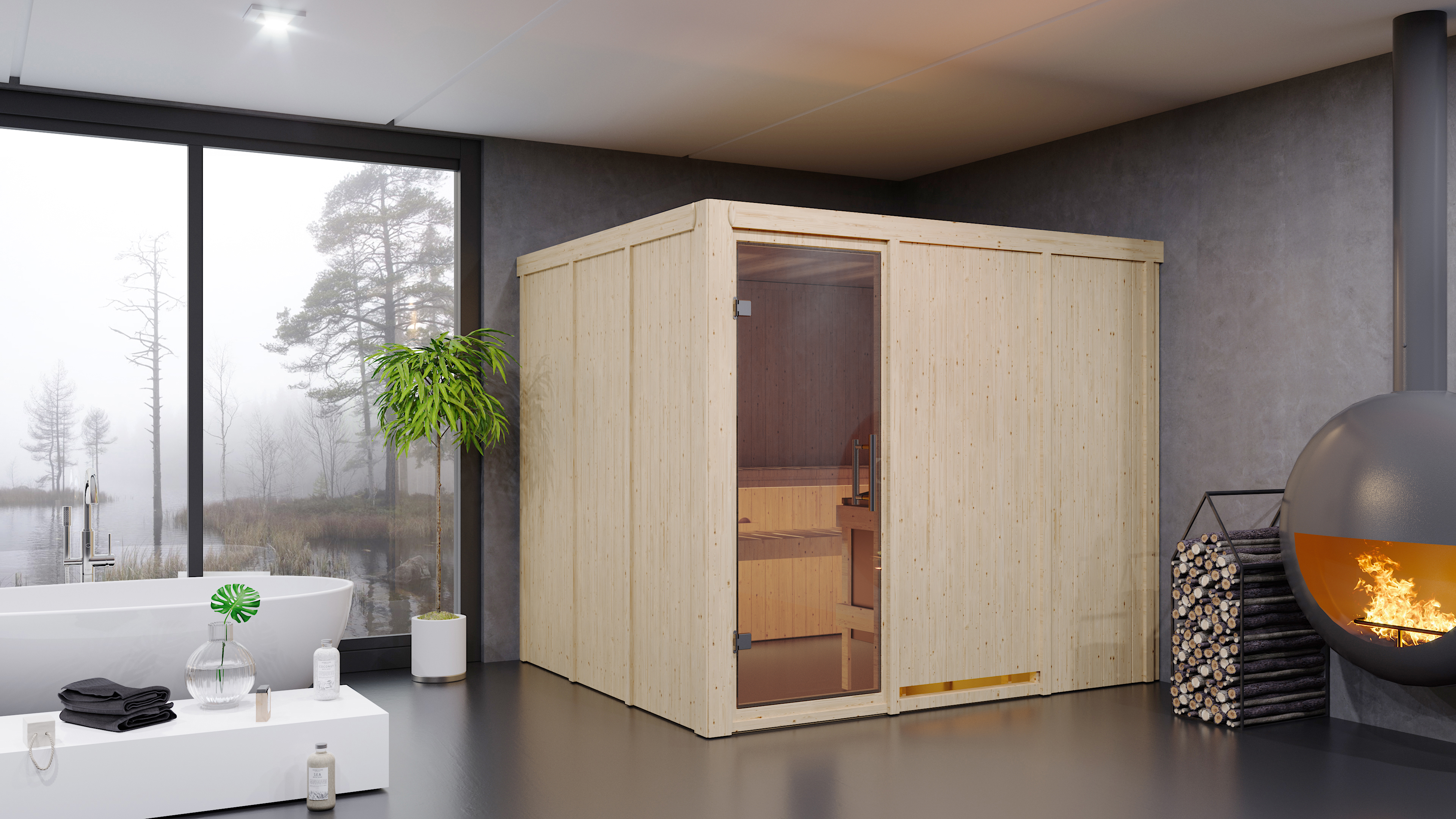 Karibu Sauna Gobin als stimmungsvoller Wellnessbereich in einem modern eingerichteten Wohnraum