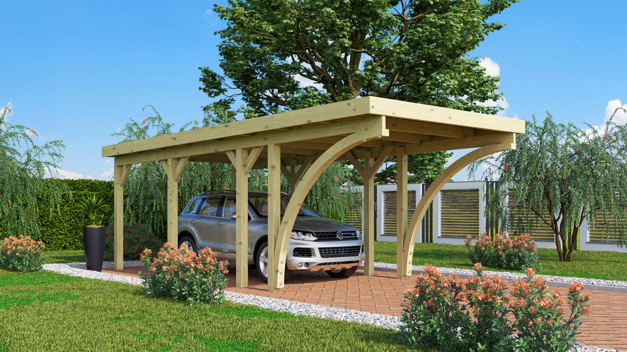 Karibu Einzelcarport Classic 2 aus KDI-Massivholz mit Flachdach im Garten aufgebaut
