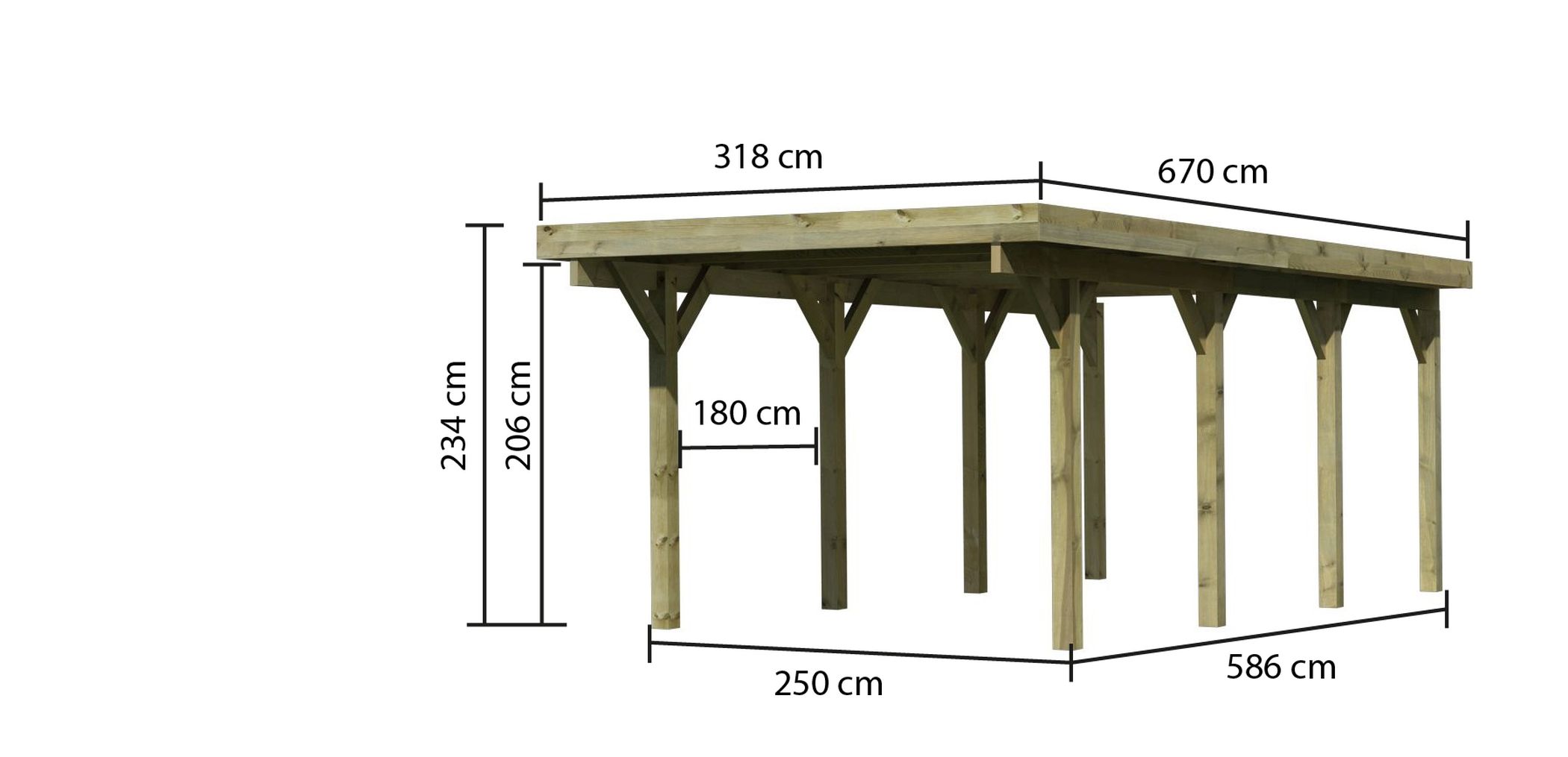 Maßzeichnung des Karibu Einzelcarport Classic 2 mit Dachmaß 318 × 670 cm und Durchfahrtshöhe 206 cm