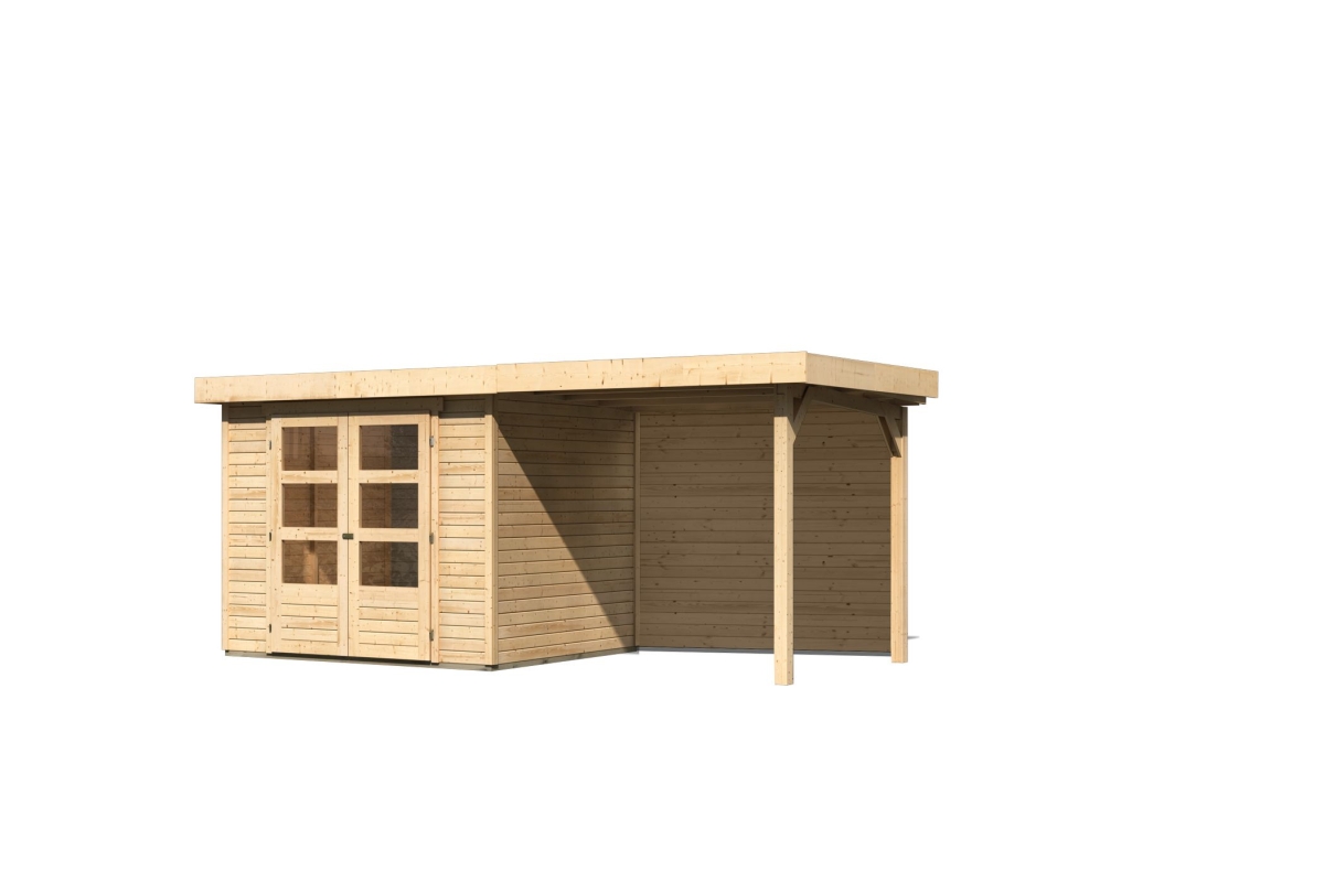 Karibu Gerätehaus Askola 3 in Naturbelassen und Anbaudach, Freisteller