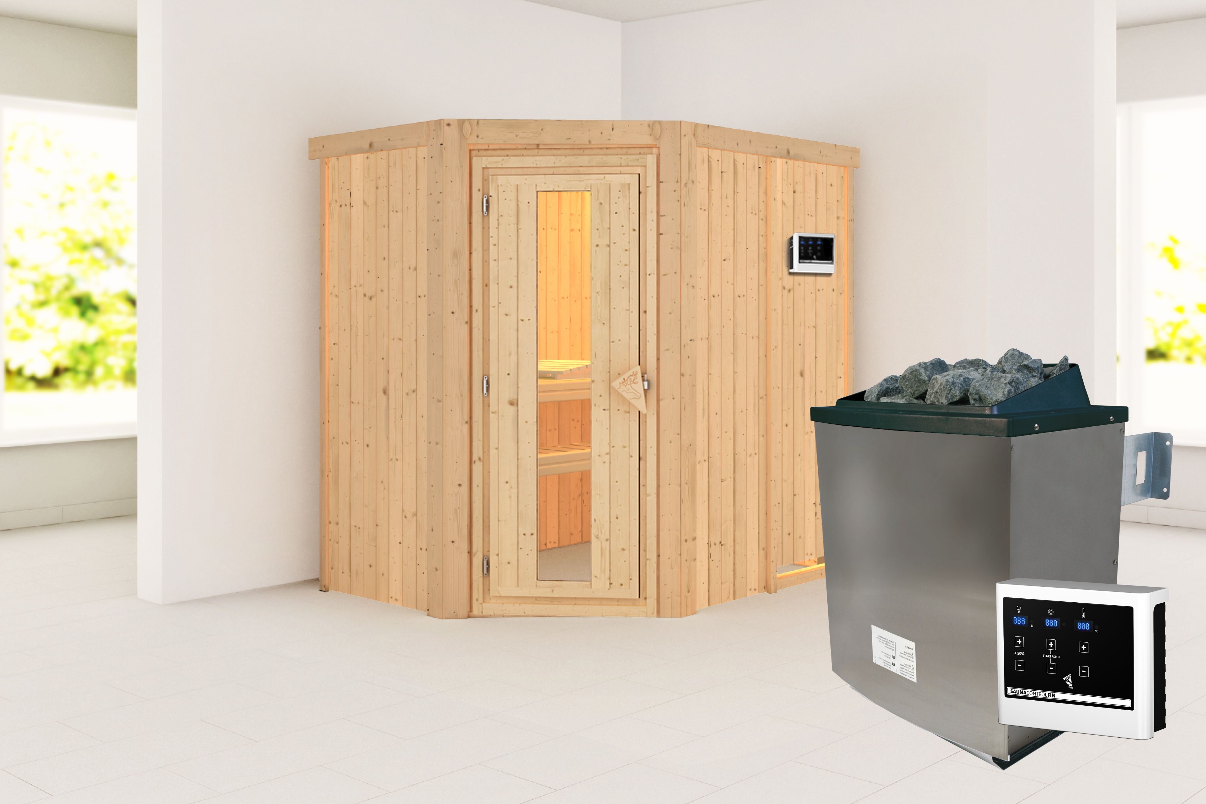 Außenansicht der Karibu Sauna Carin aus nordischer Fichte mit isolierter Holztür und Fronteinstieg