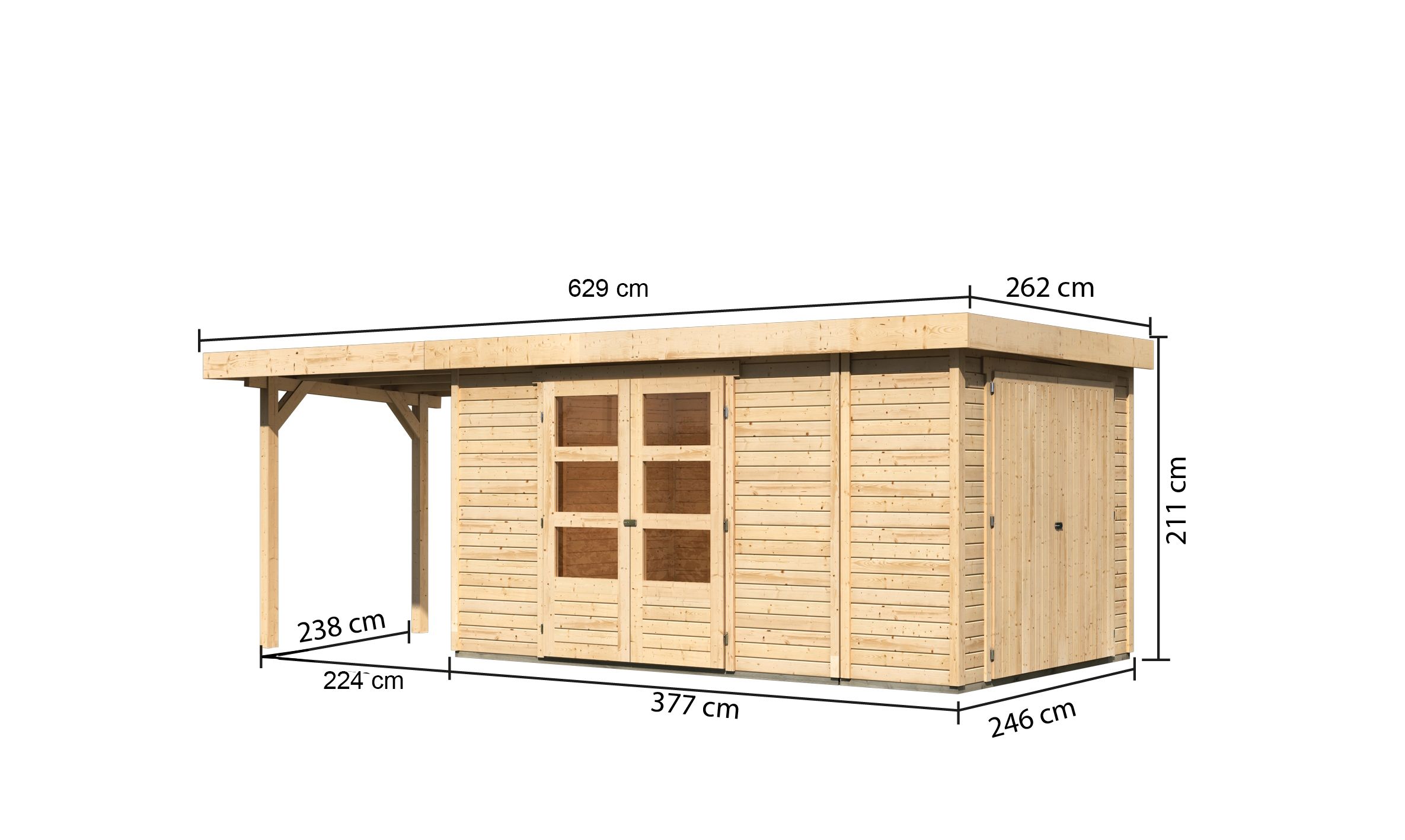 Bemaßte Maßzeichnung des Karibu großes Gerätehaus Retola 6 mit Anbaudach, 629 × 262 cm