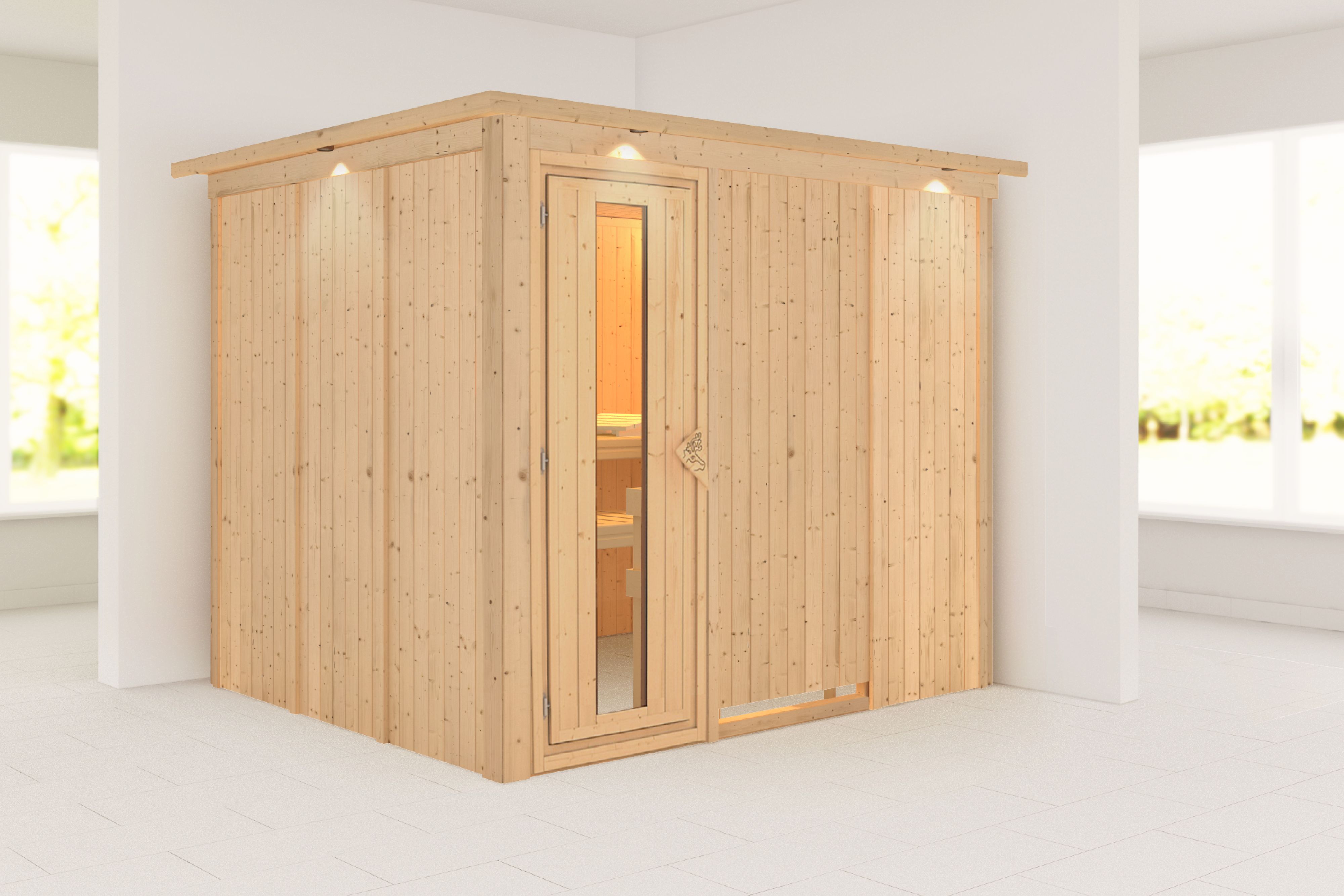 Übersicht der Ausstattung einer Karibu 68 mm Systemsauna mit Bänken, Ofenschutz und Türvarianten