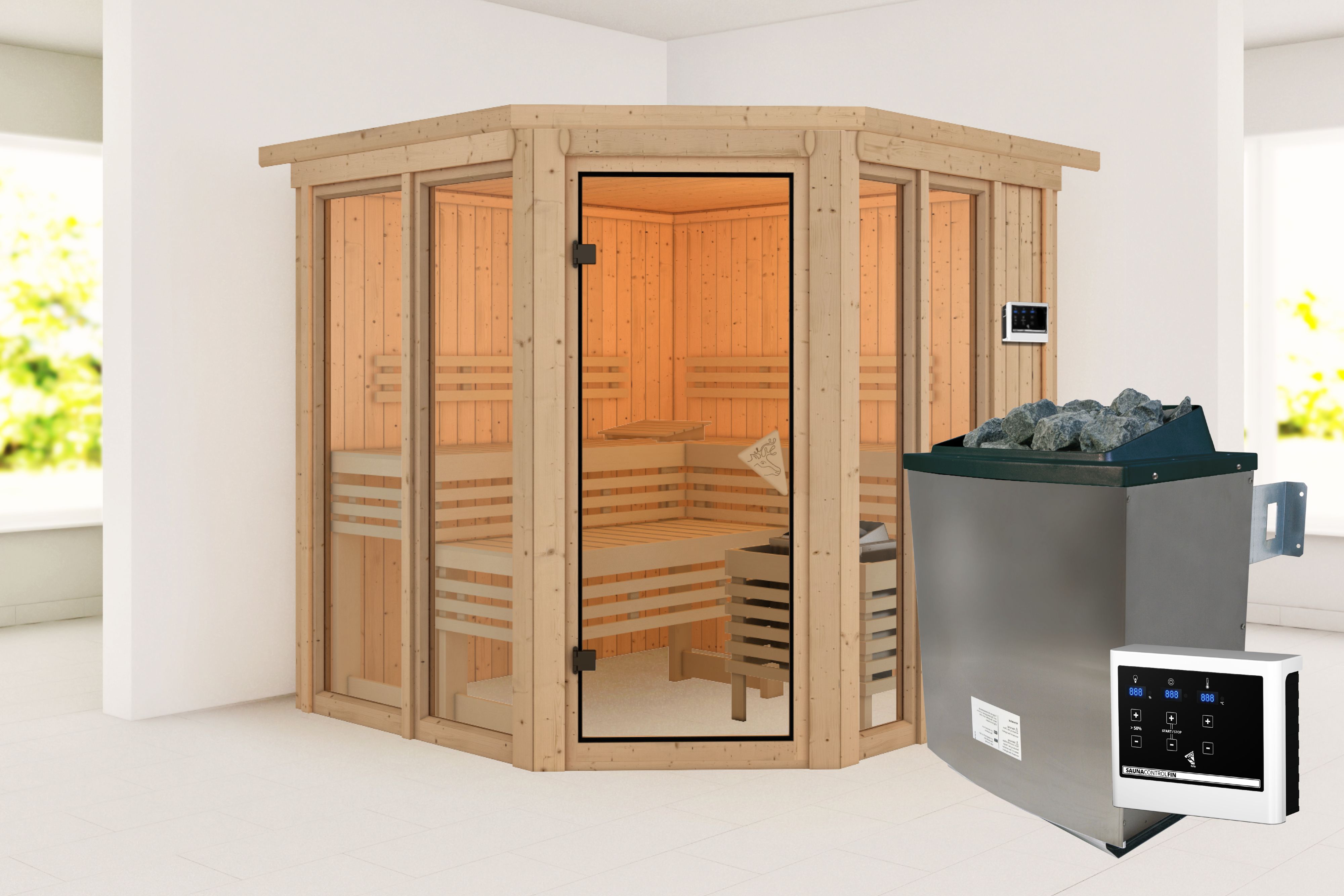 Außenansicht der Karibu Sauna Airi aus nordischer Fichte mit Ganzglastür und Fronteinstieg
