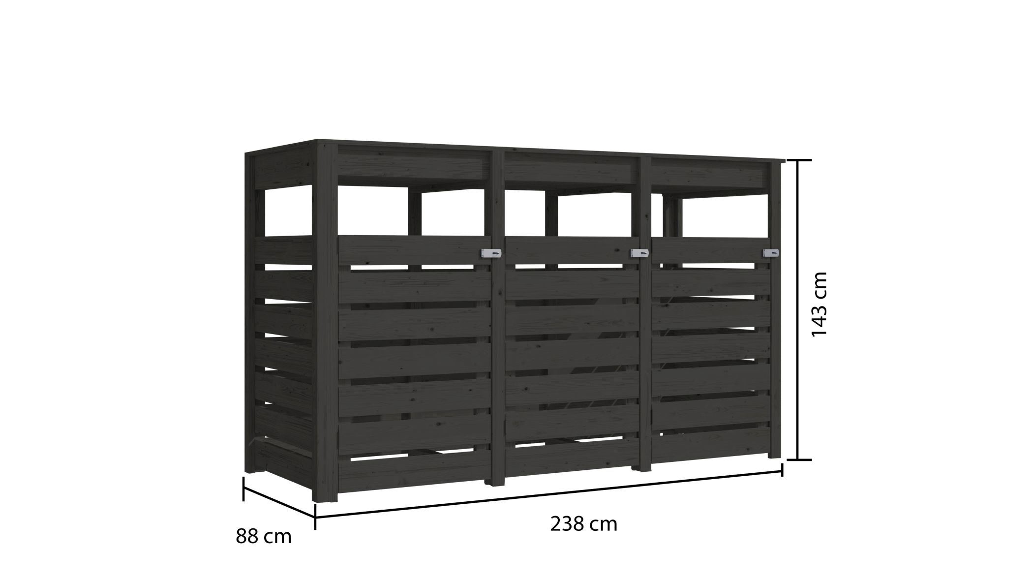 Bemaßte Maßzeichnung des Karibu Mülltonnen Unterstand Mülltonnenbox 2, 238 × 88 cm