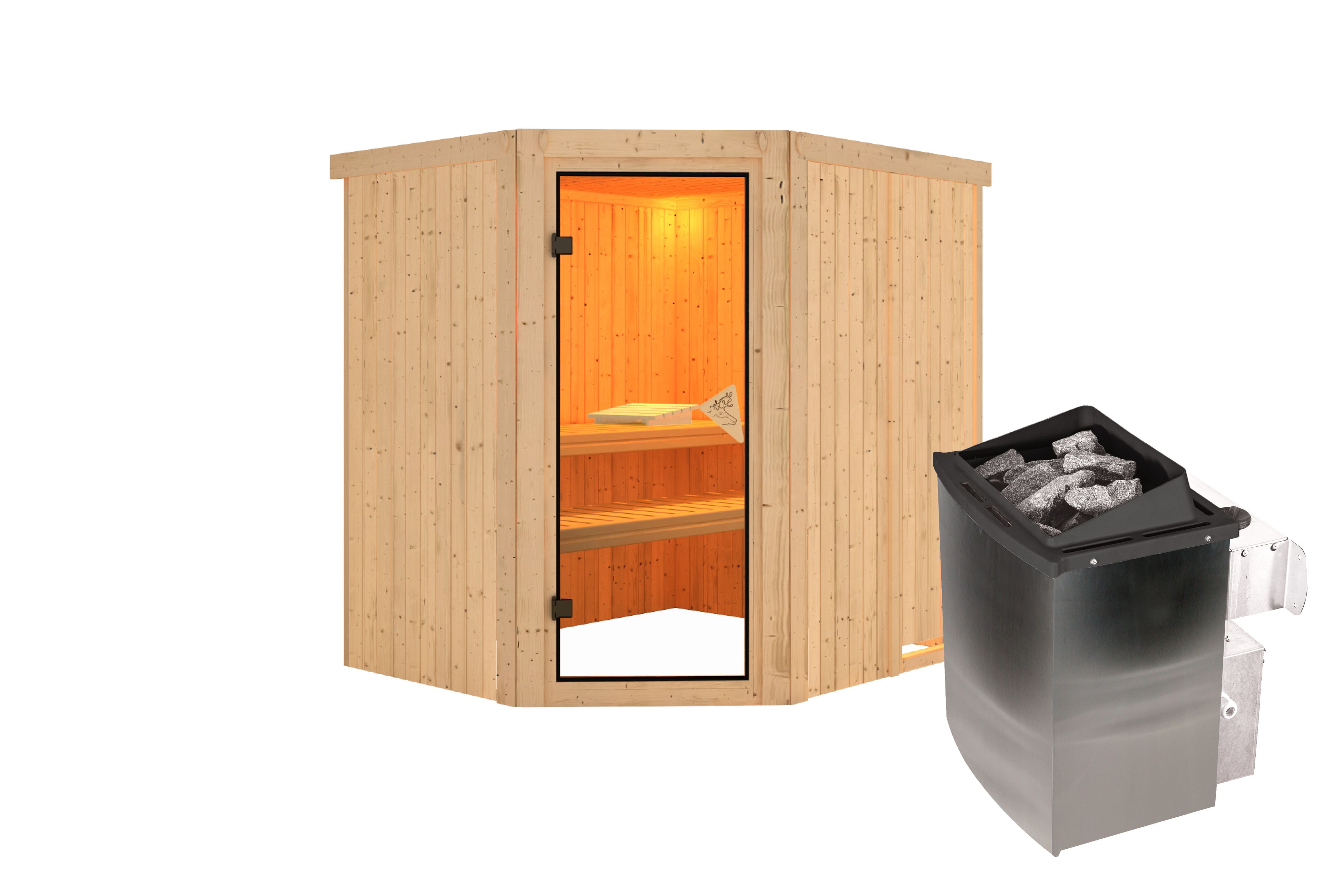 Innenansicht der Karibu Sauna Siirin mit Liegen und Kopfstütze aus hellem Espenholz