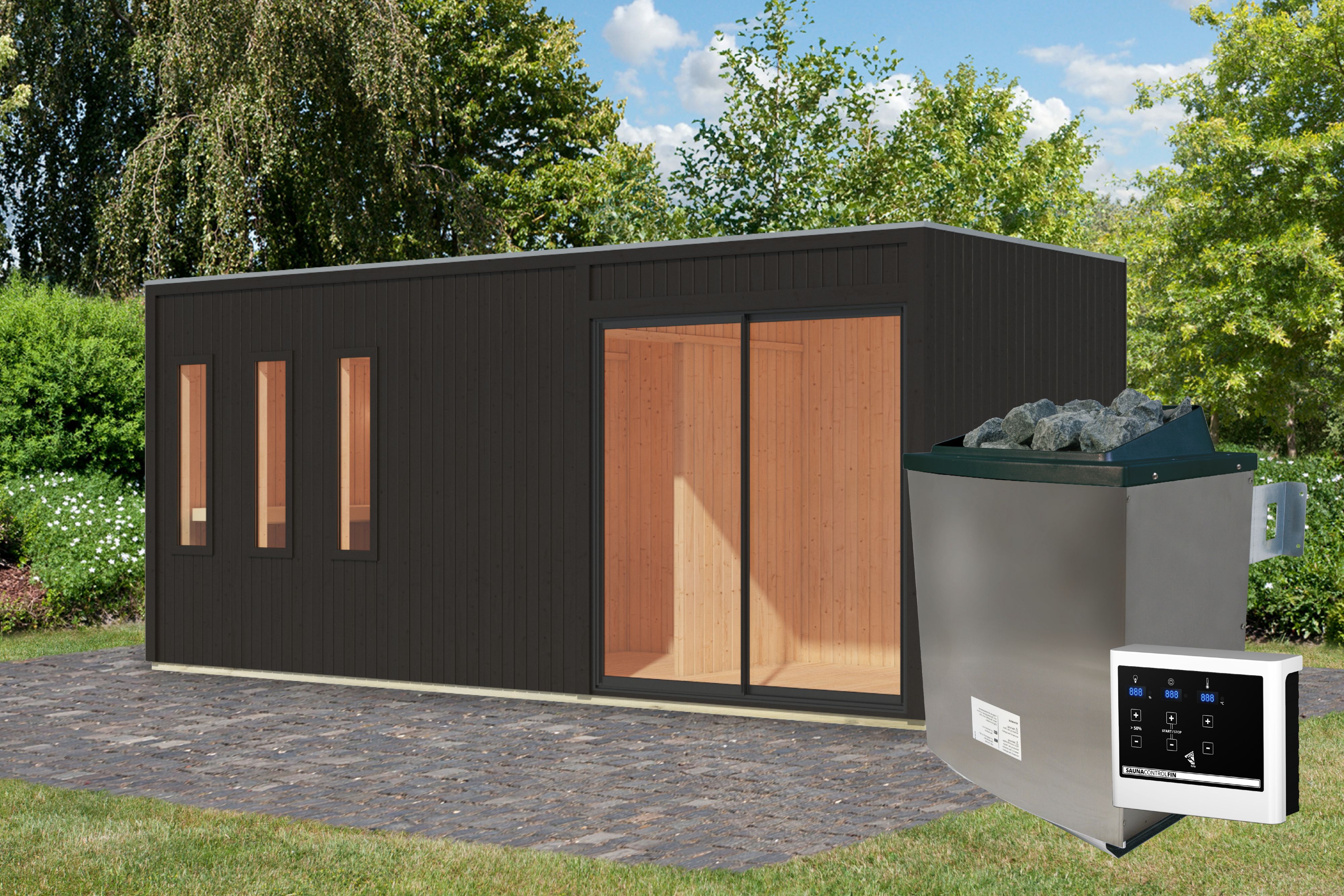Karibu Saunahaus Monterey als Gartensauna aus Massivholz im Garten mit Glasfront