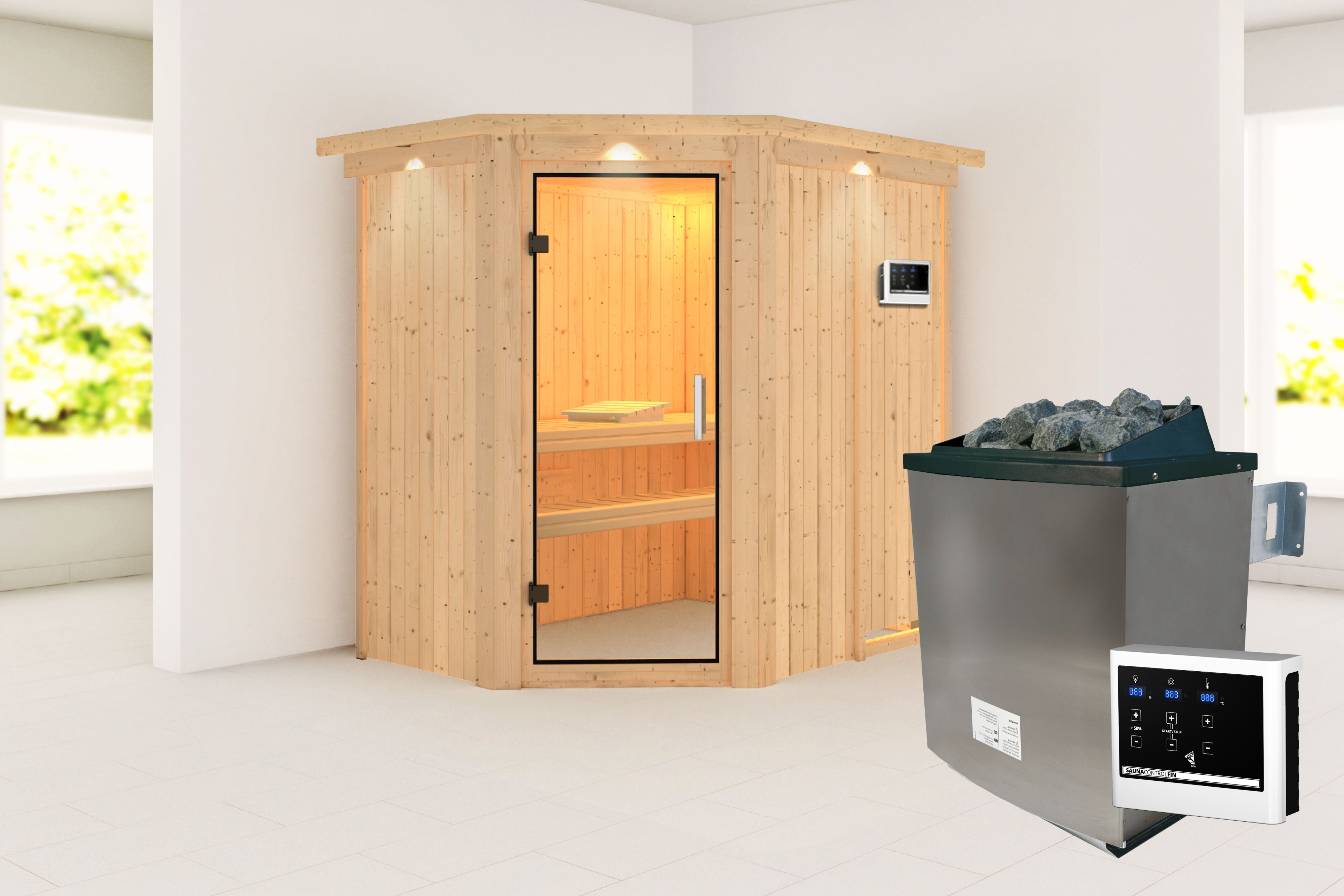 Außenansicht der Karibu Sauna Carin aus nordischer Fichte mit Klarglas-Ganzglastür und Fronteinstieg