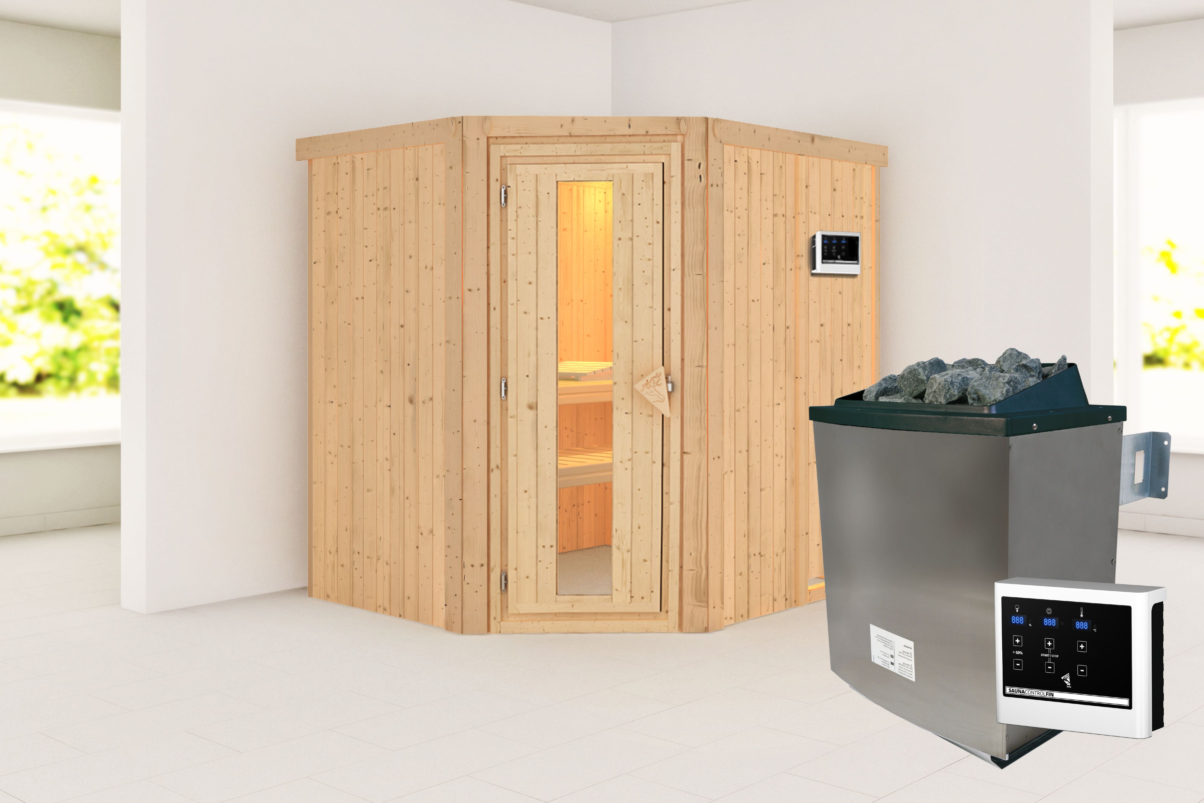 Außenansicht der Karibu Sauna Siirin aus nordischer Fichte mit isolierter Holztür und Fronteinstieg