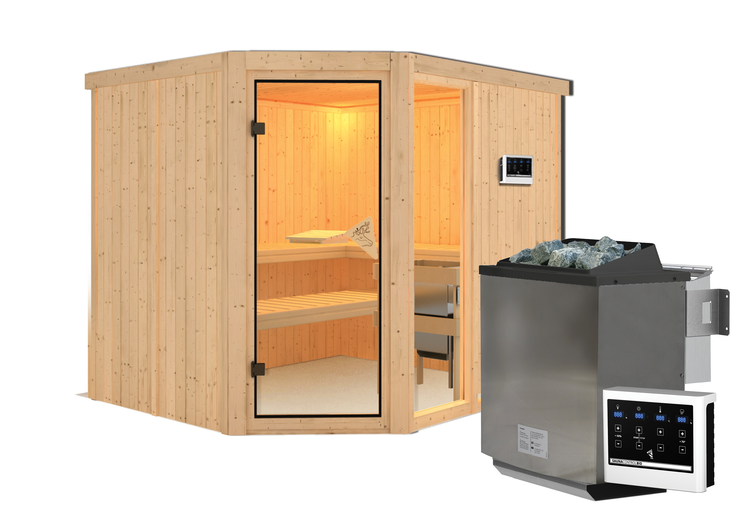 Innenansicht der Karibu Sauna Fiona 3 mit Liegen und Kopfstütze aus hellem Espenholz