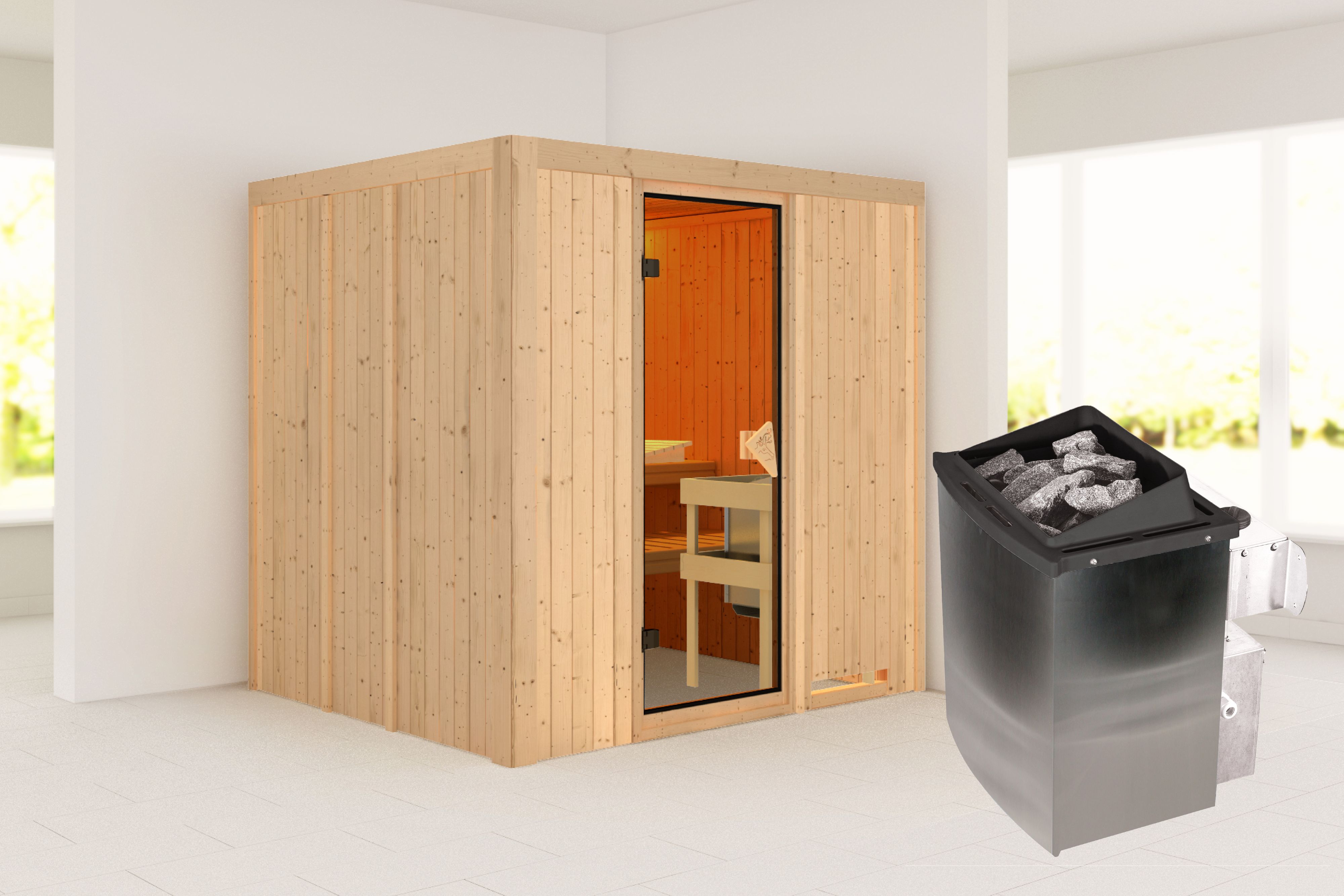 Außenansicht der Karibu Sauna Sodin aus nordischer Fichte mit bronzierter Ganzglastür und Fronteinstieg