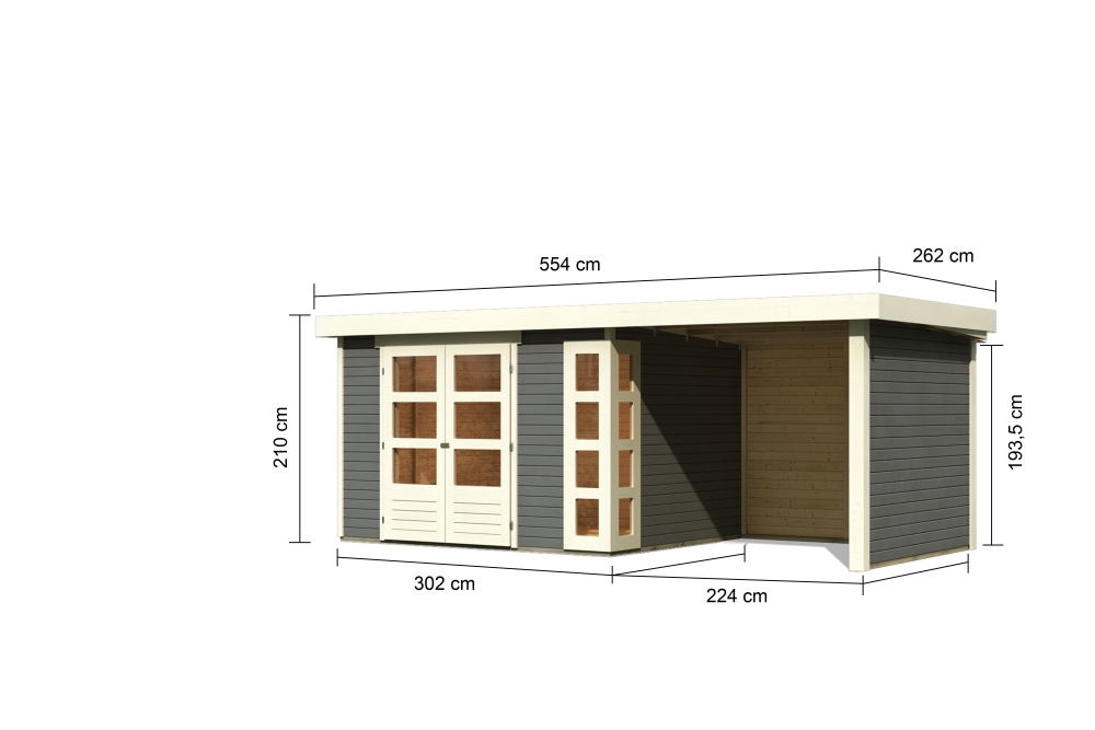 Bemaßte Maßzeichnung des Karibu großes Gerätehaus Kerko 5 mit Anbaudach, 554 × 262 cm