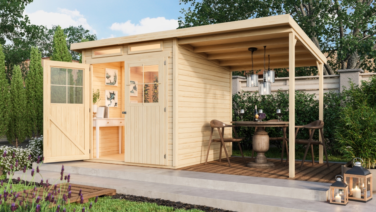Karibu Gerätehaus Glücksburg 3 mit Anbaudach im Garten