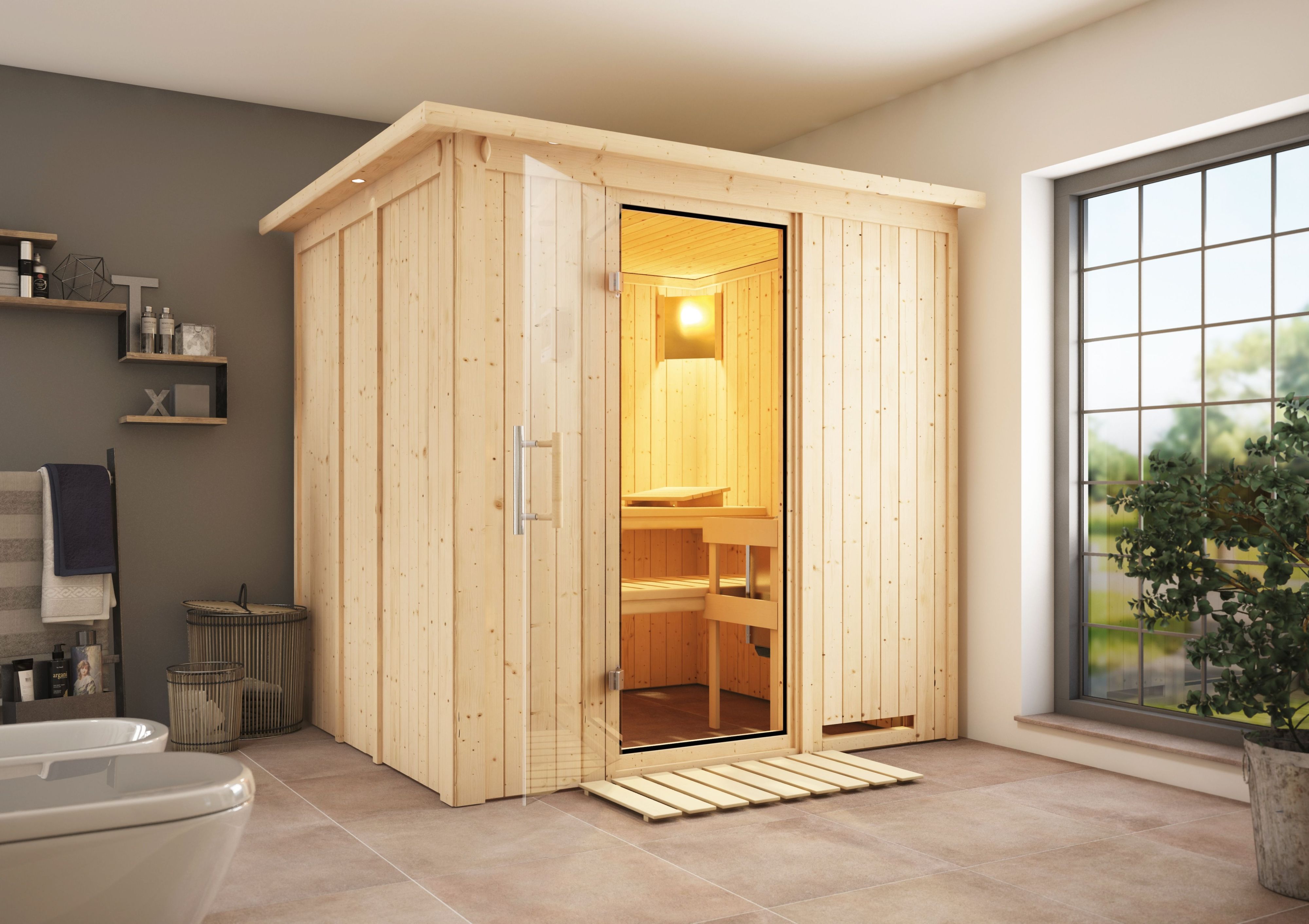 Karibu Sauna Sodin als hochwertige Sauna aus nordischer Fichte im Wohnraum-Ambiente