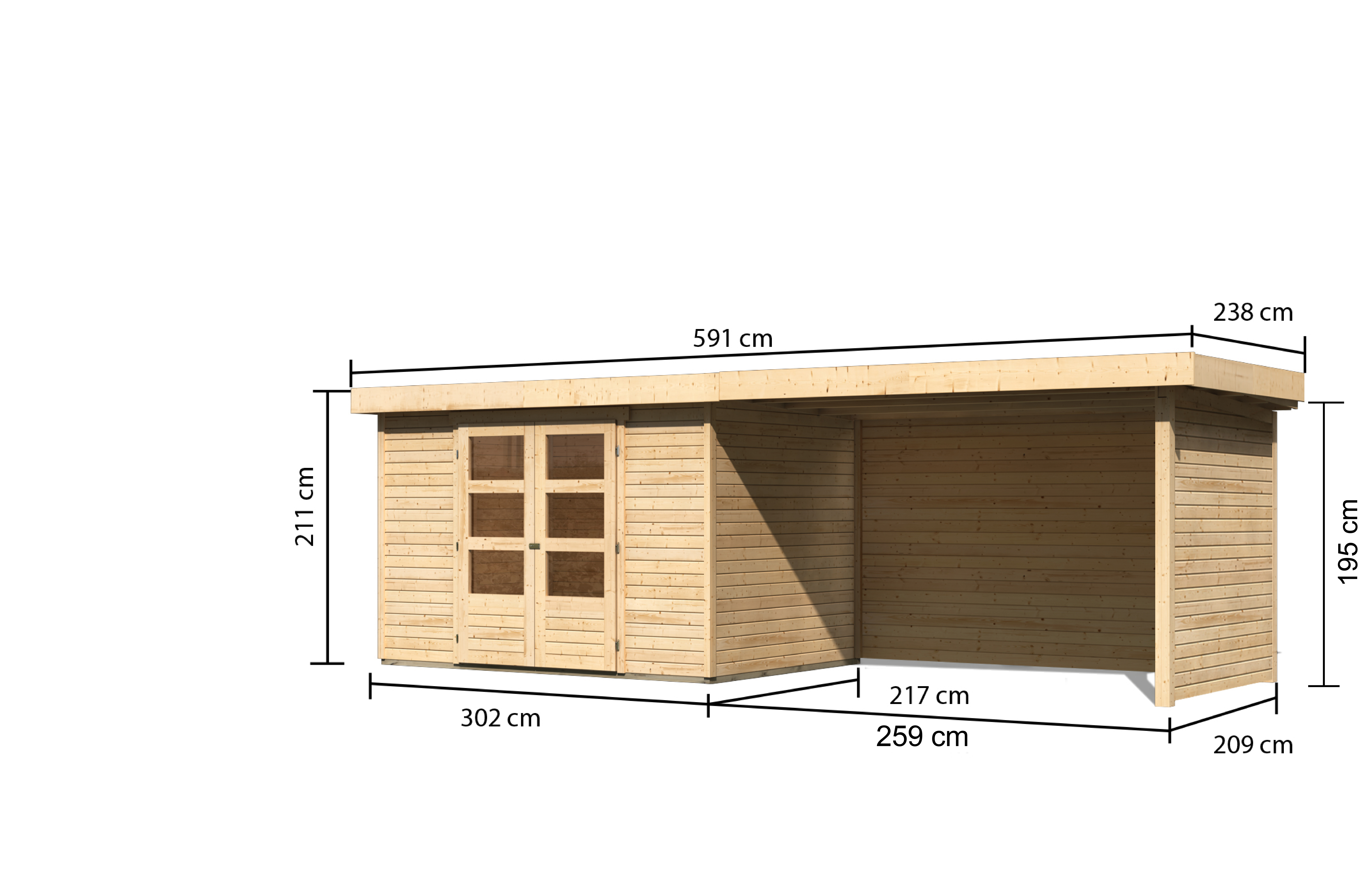 Bemaßte Maßzeichnung des Karibu Gerätehaus Askola 4 mit Anbaudach, 592 × 238 cm