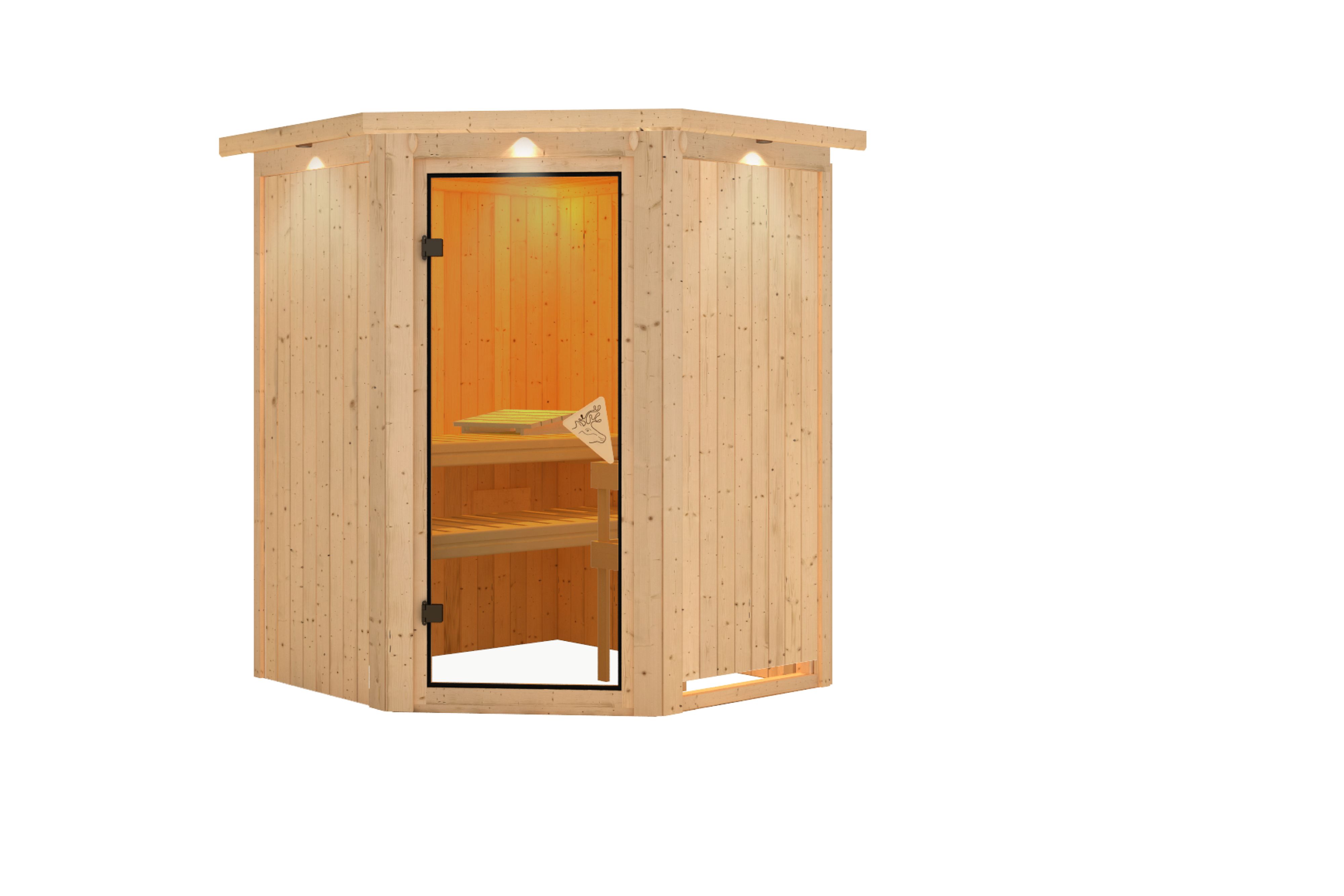 Innenansicht der Karibu Sauna Larin mit Liegen und Kopfstütze aus hellem Espenholz