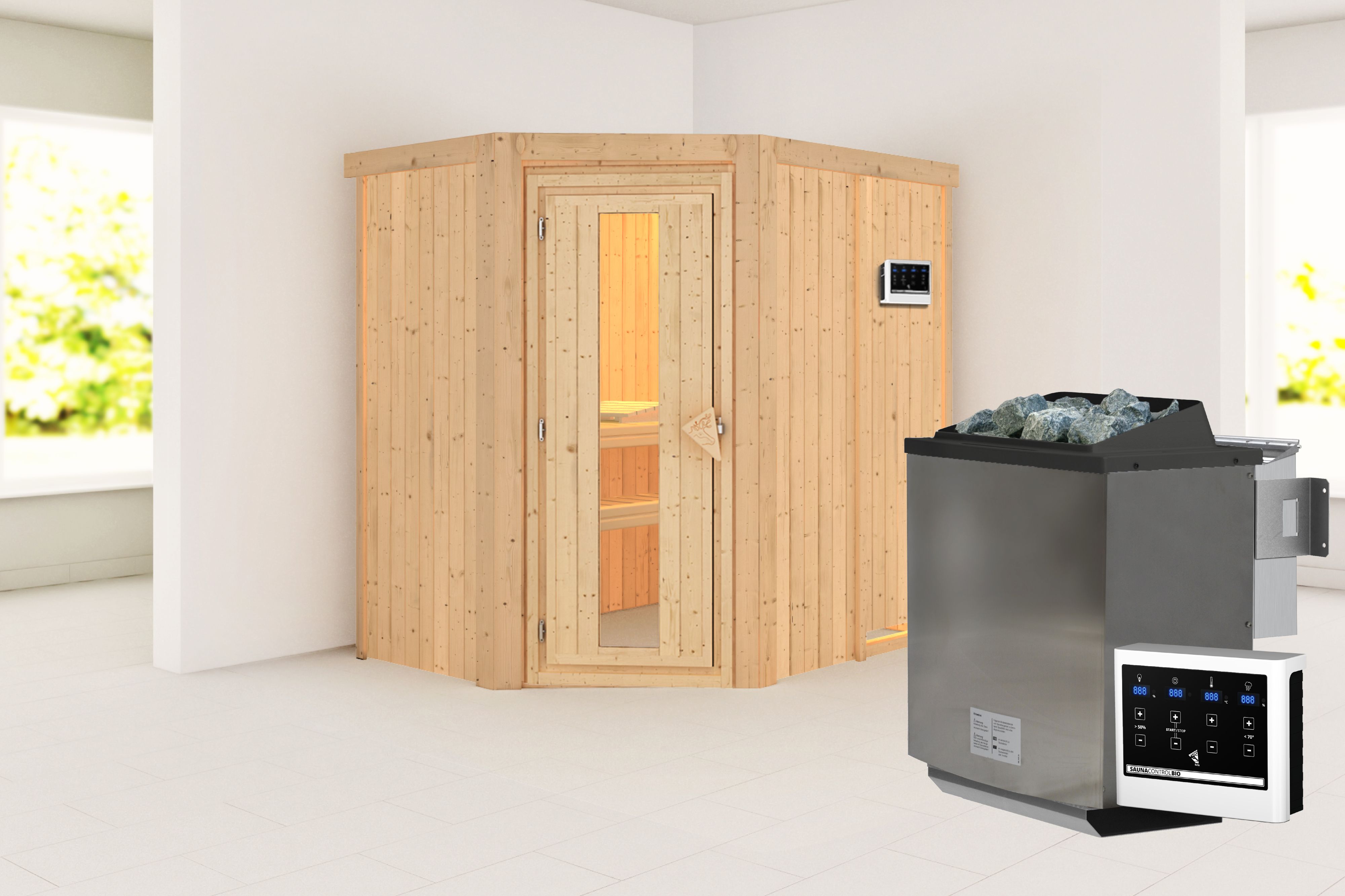 Außenansicht der Karibu Sauna Carin aus nordischer Fichte mit isolierter Holztür und Fronteinstieg