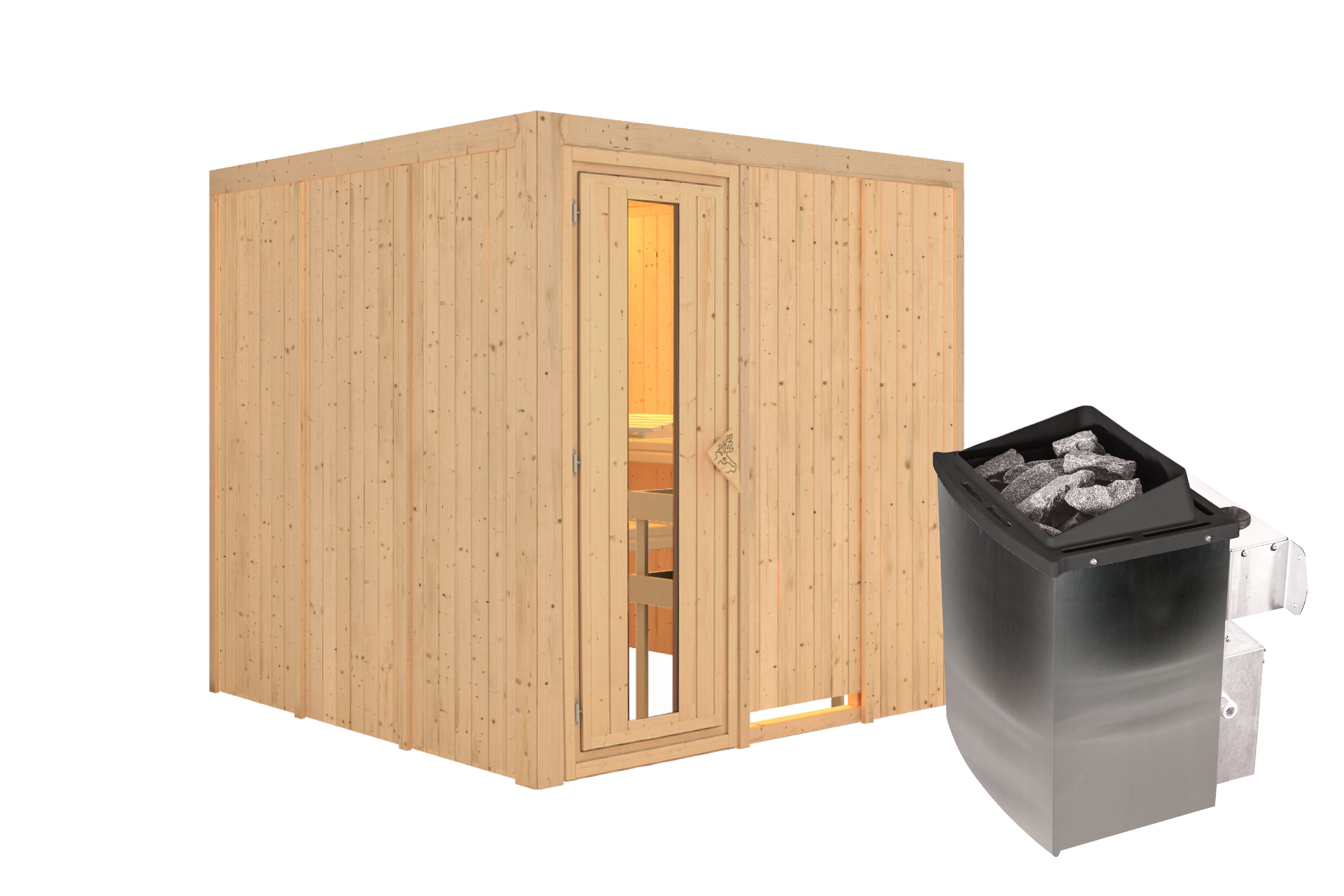 Innenansicht der Karibu Sauna Rodin mit Liegen und Kopfstütze aus hellem Espenholz
