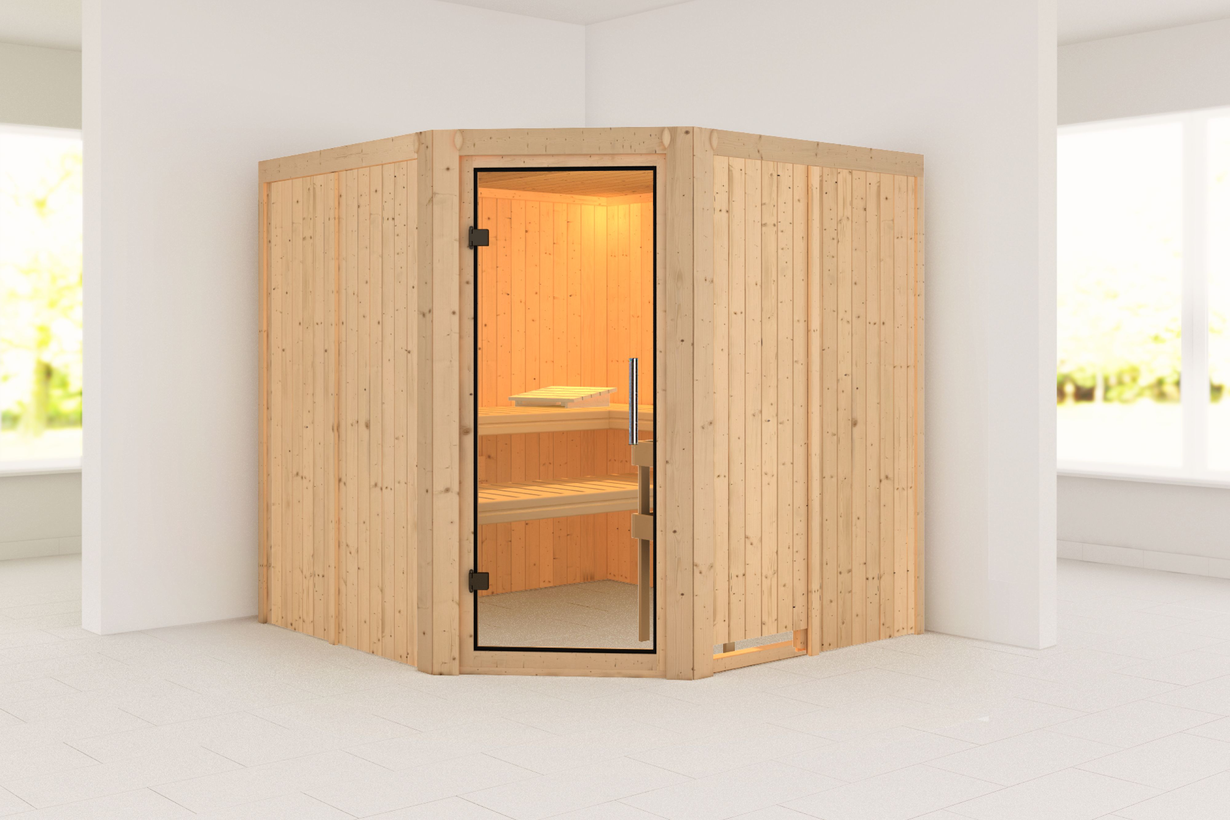 Außenansicht der Karibu Sauna Jarin aus nordischer Fichte mit Klarglas-Ganzglastür und Fronteinstieg