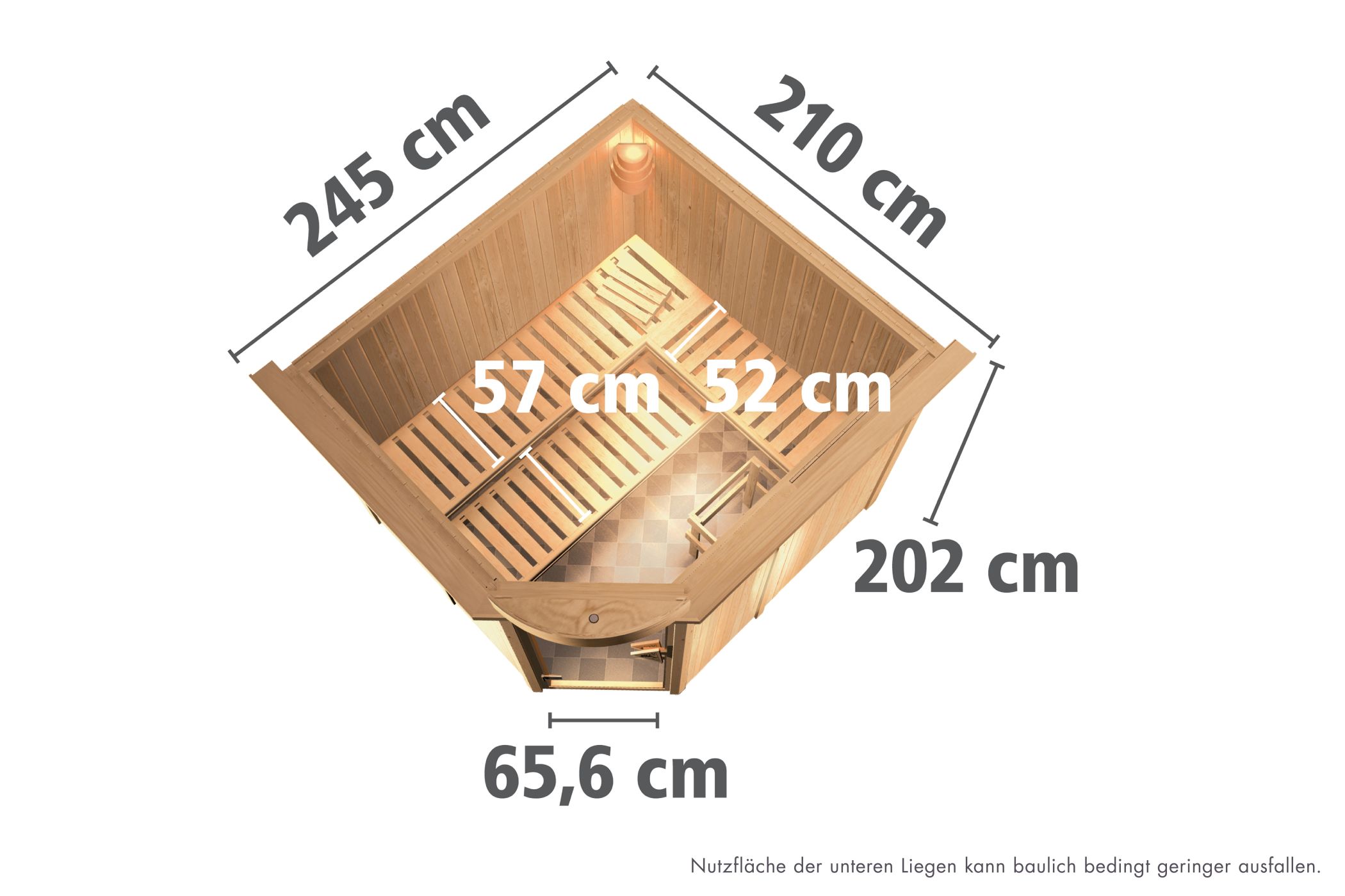 Maßzeichnung der Karibu Sauna Fiona 3 Dachkranzmodell mit Außenmaß 245 × 210 cm und Höhe 202 cm