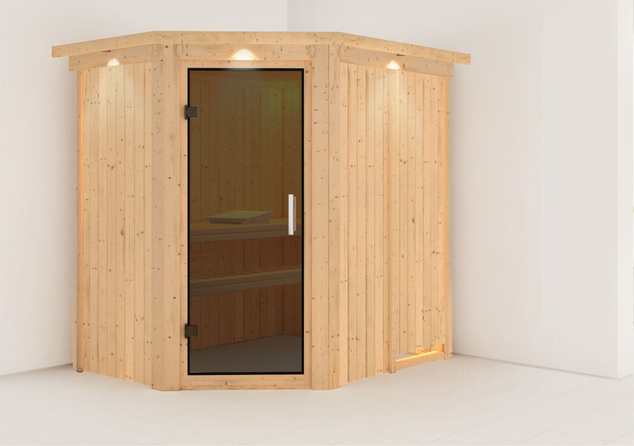 Außenansicht der Karibu Sauna Saja aus nordischer Fichte mit Ganzglastür und Fronteinstieg