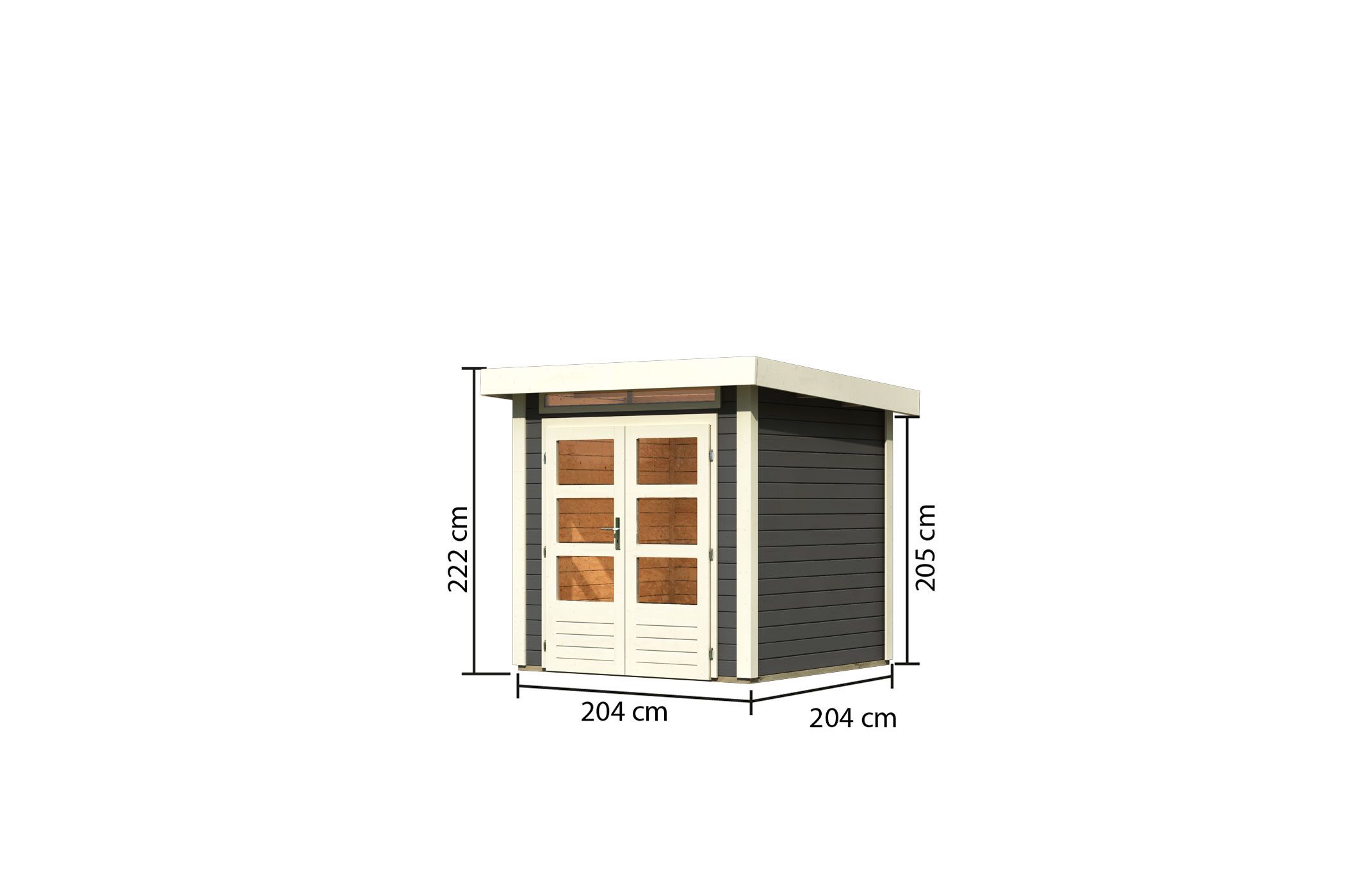 Bemaßte Maßzeichnung des Karibu Gartenhaus Kandern 1, 204 × 204 cm