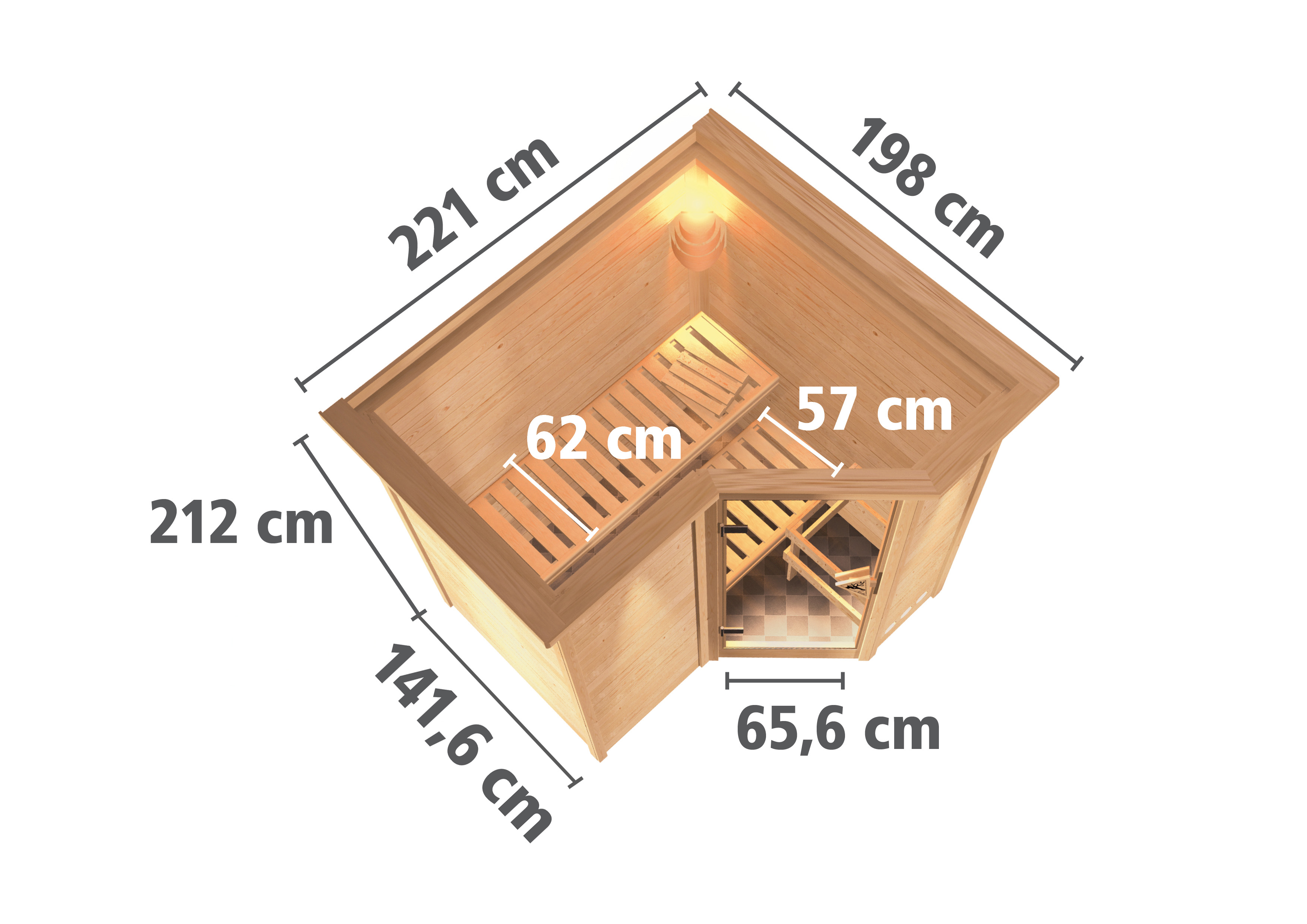 Maßzeichnung der Karibu Sauna Sahib 1 Dachkranzmodell mit Außenmaß 221 × 198 cm und Höhe 212 cm