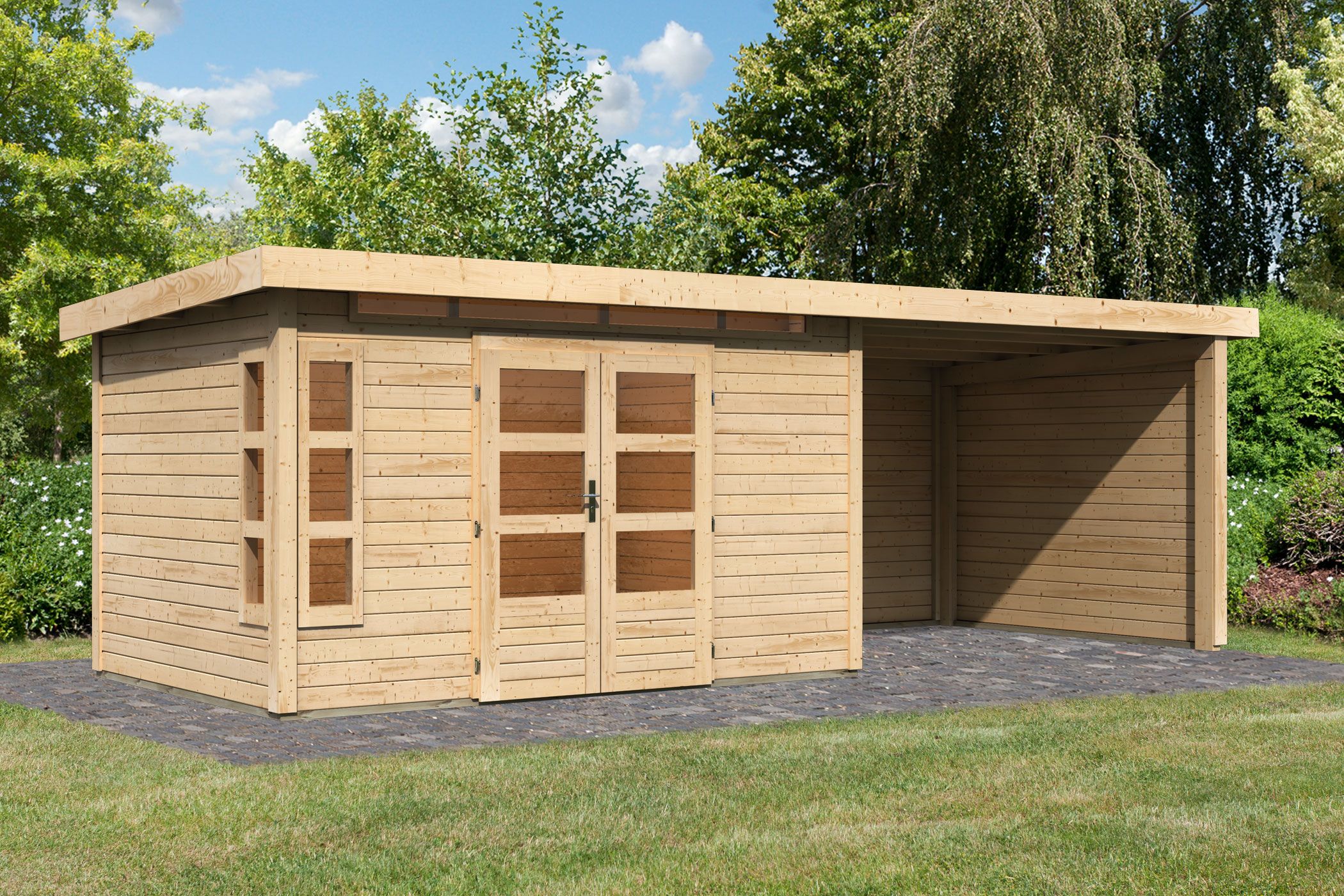 Karibu Gartenhaus Kastorf 7 in Naturbelassen und Anbaudach, Außenansicht