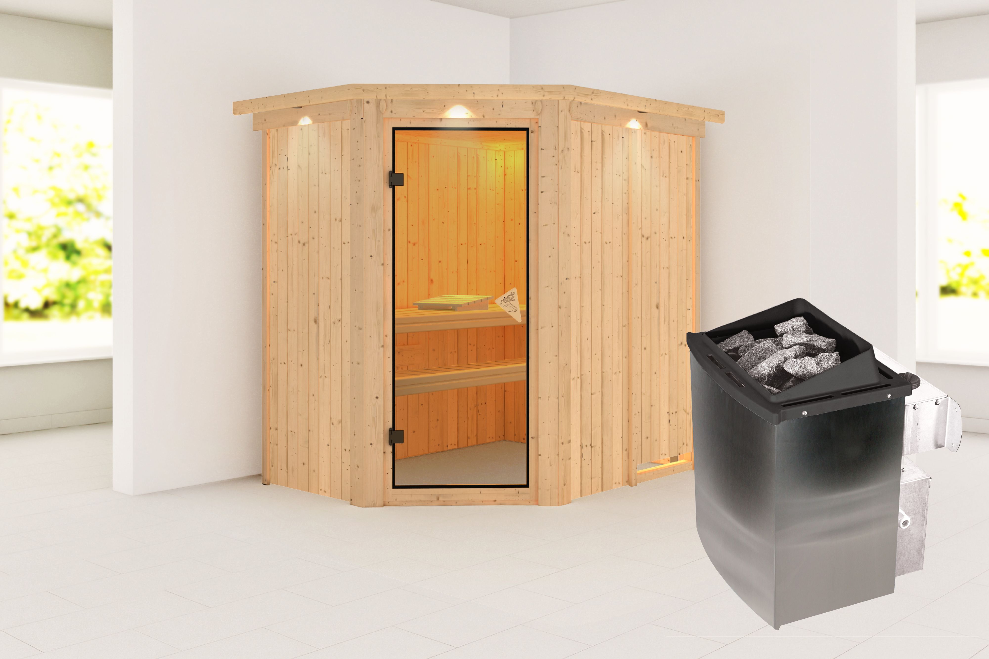 Außenansicht der Karibu Sauna Carin aus nordischer Fichte mit bronzierter Ganzglastür und Fronteinstieg