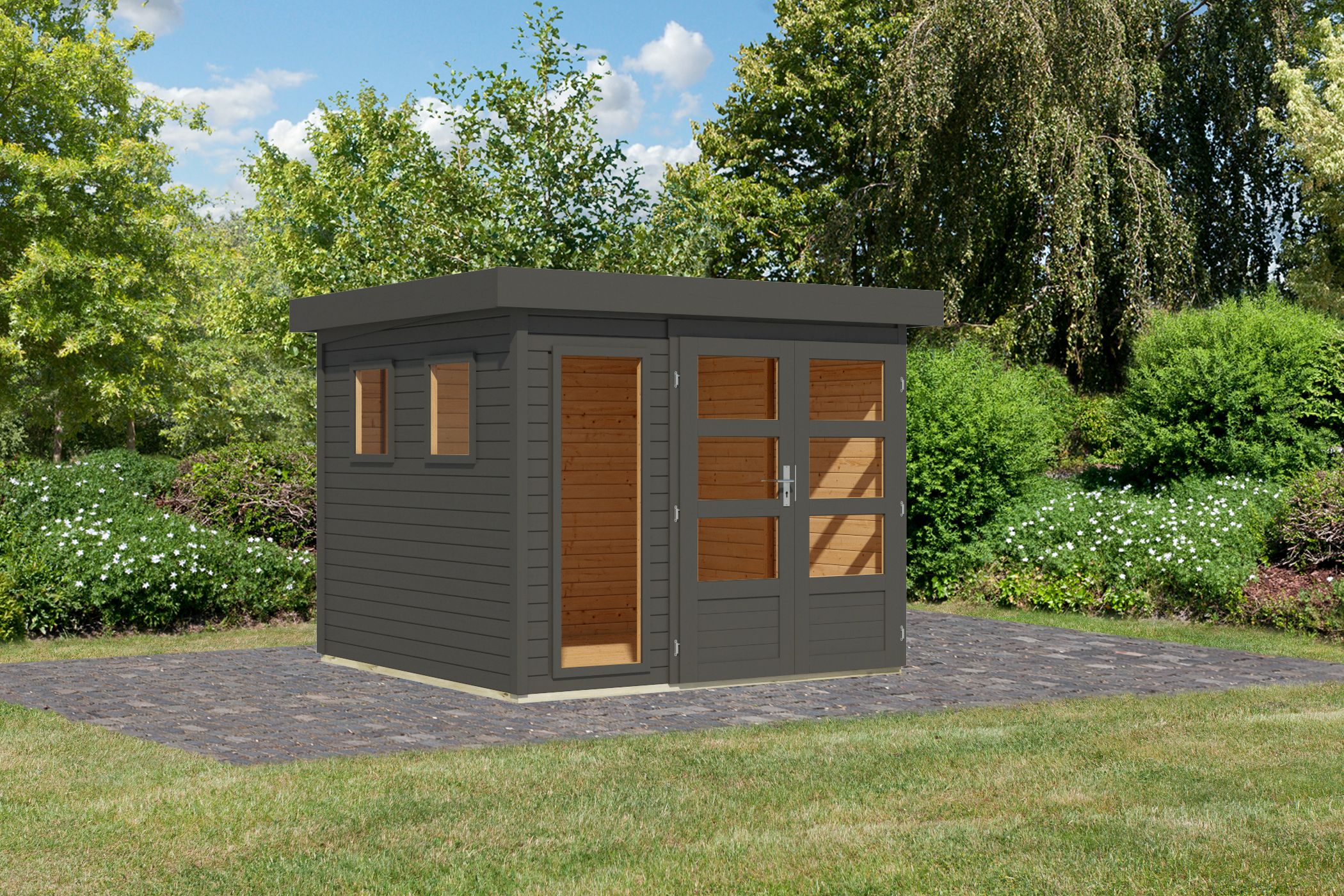 Karibu Gerätehaus Lahar 3,5 in Terragrau komplett, Außenansicht