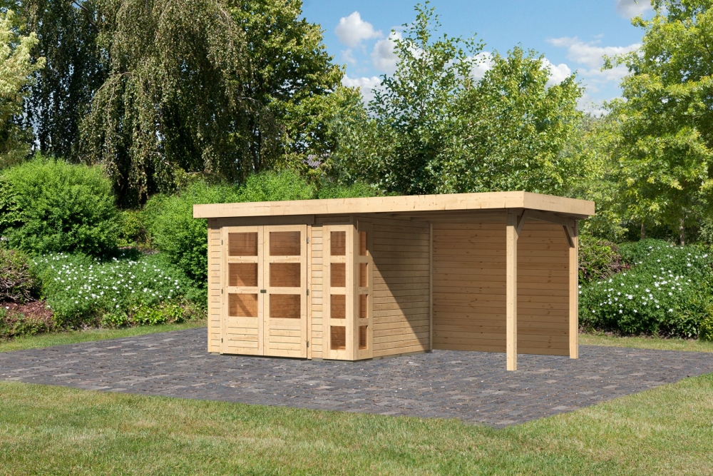 Karibu Gerätehaus Kerko 3 in Naturbelassen und Anbaudach, Außenansicht