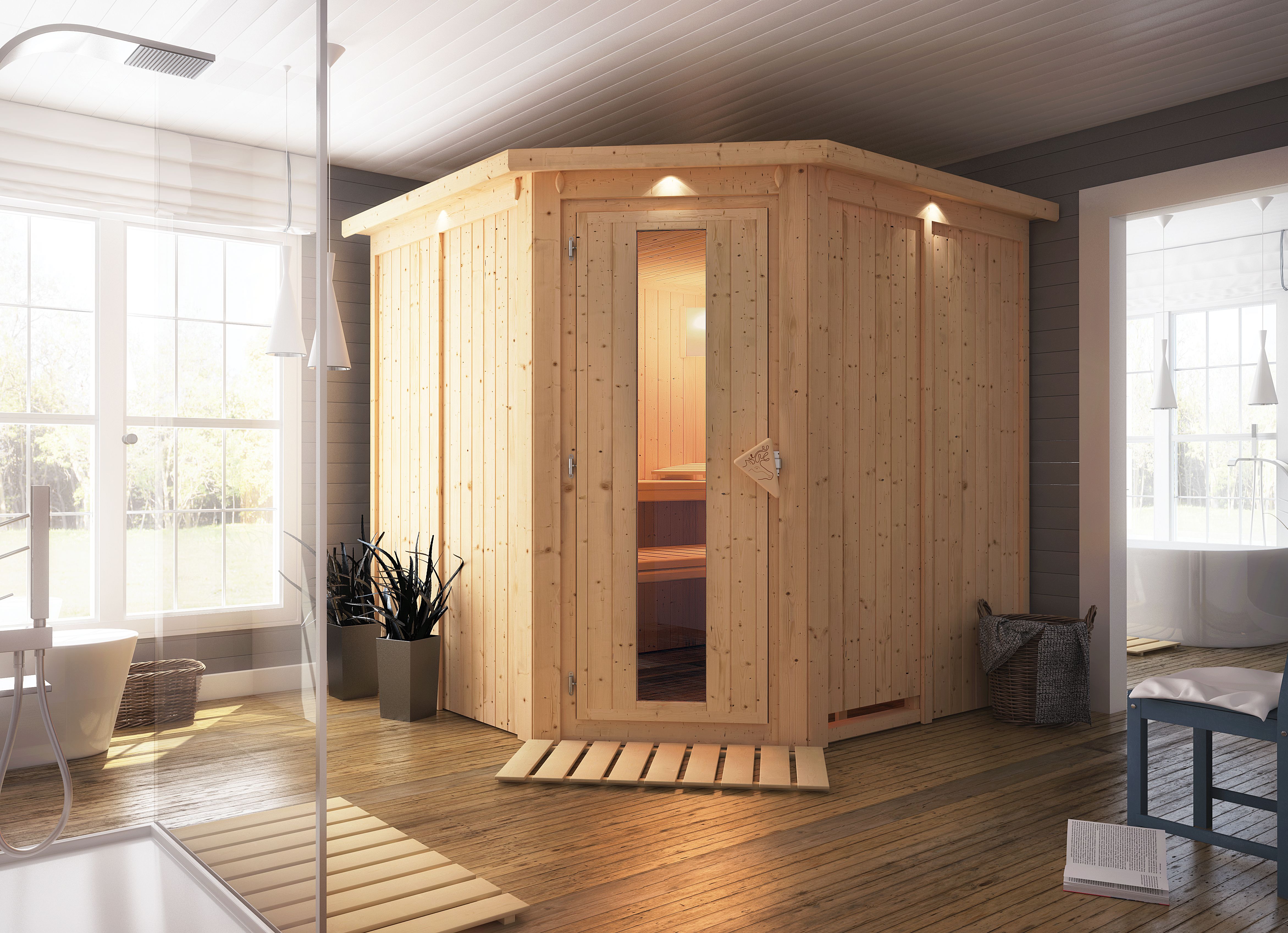 Karibu Sauna Jarin als stimmungsvoller Wellnessbereich in einem modern eingerichteten Wohnraum