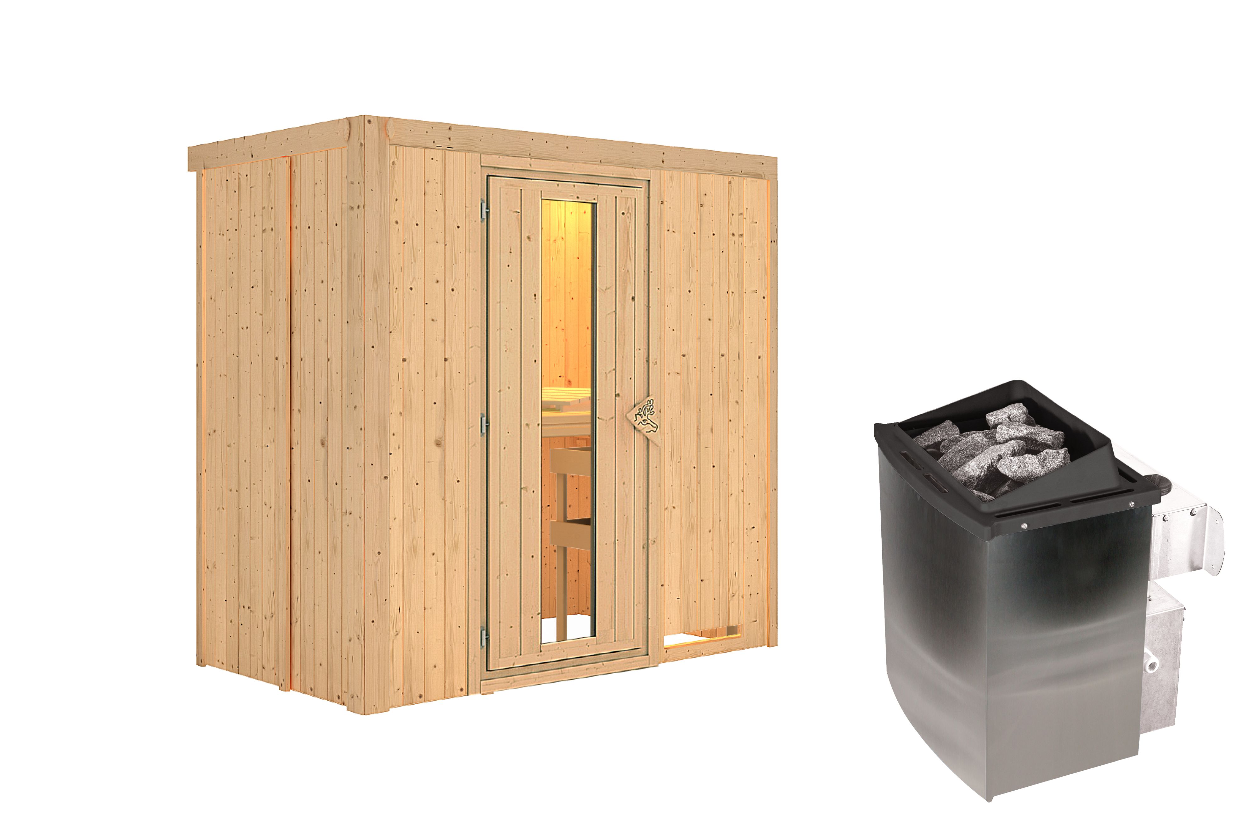 Innenansicht der Karibu Sauna Variado mit Liegen und Kopfstütze aus hellem Espenholz