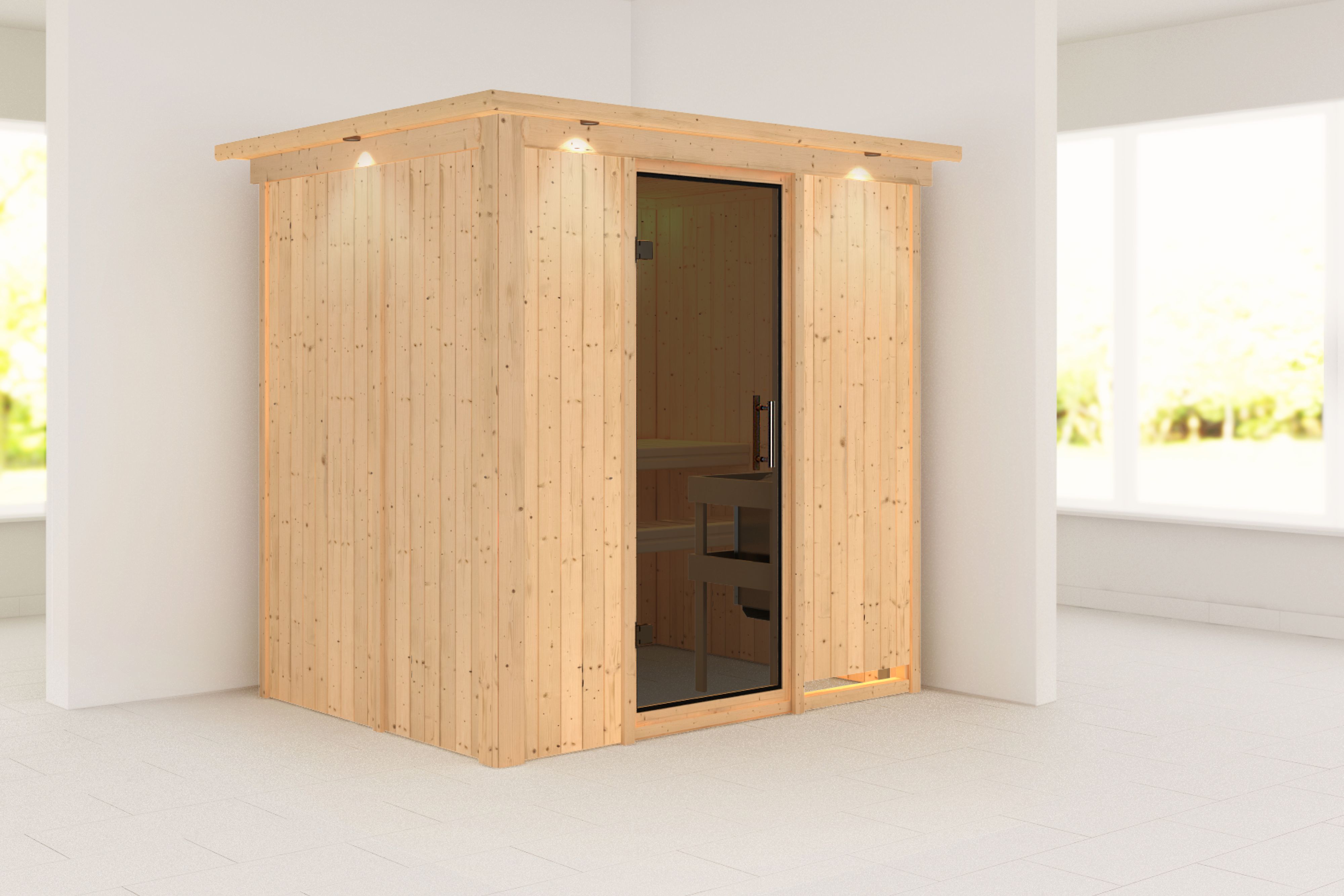 Außenansicht der Karibu Sauna Bodin aus nordischer Fichte mit graphitfarbener Ganzglastür und Fronteinstieg