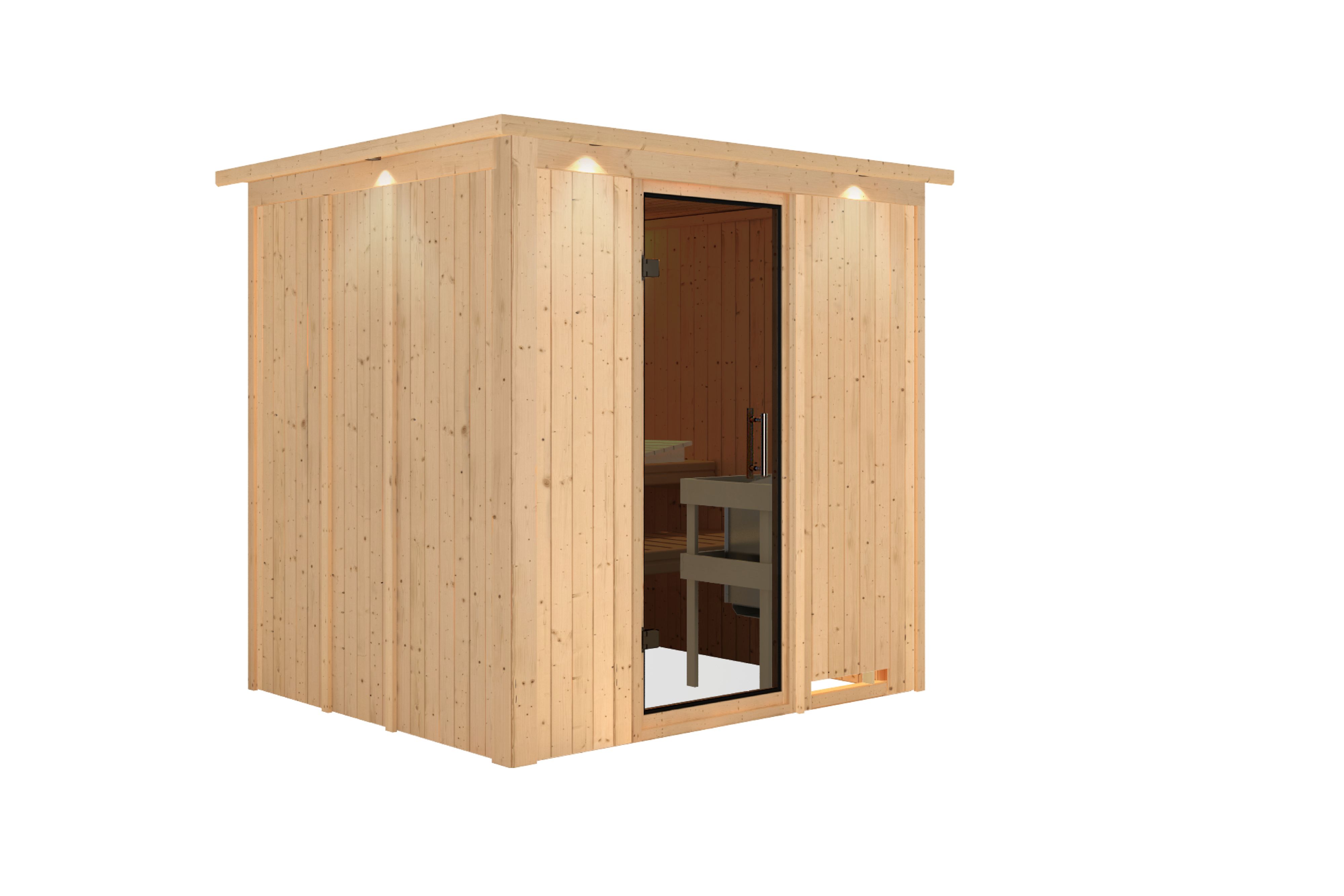 Innenansicht der Karibu Sauna Sodin mit Liegen und Kopfstütze aus hellem Espenholz
