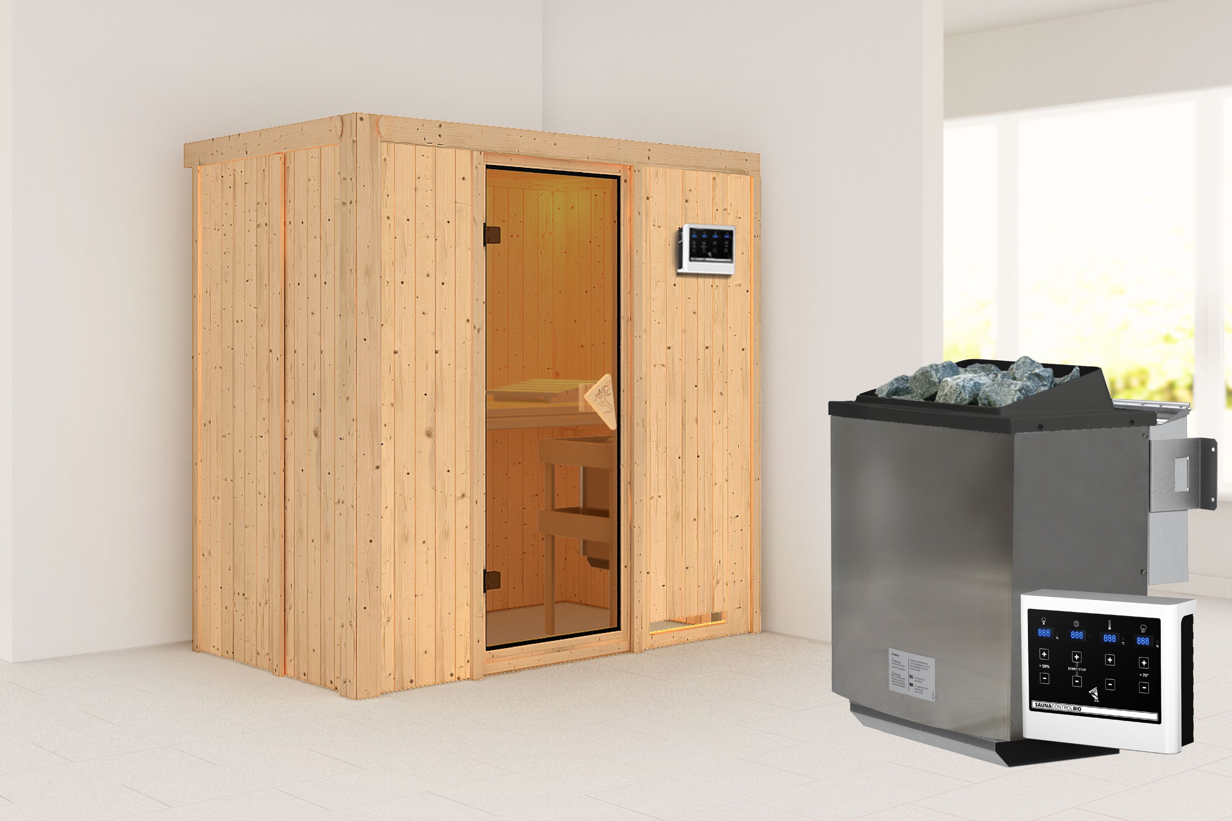 Außenansicht der Karibu Sauna Variado aus nordischer Fichte mit bronzierter Ganzglastür und Fronteinstieg