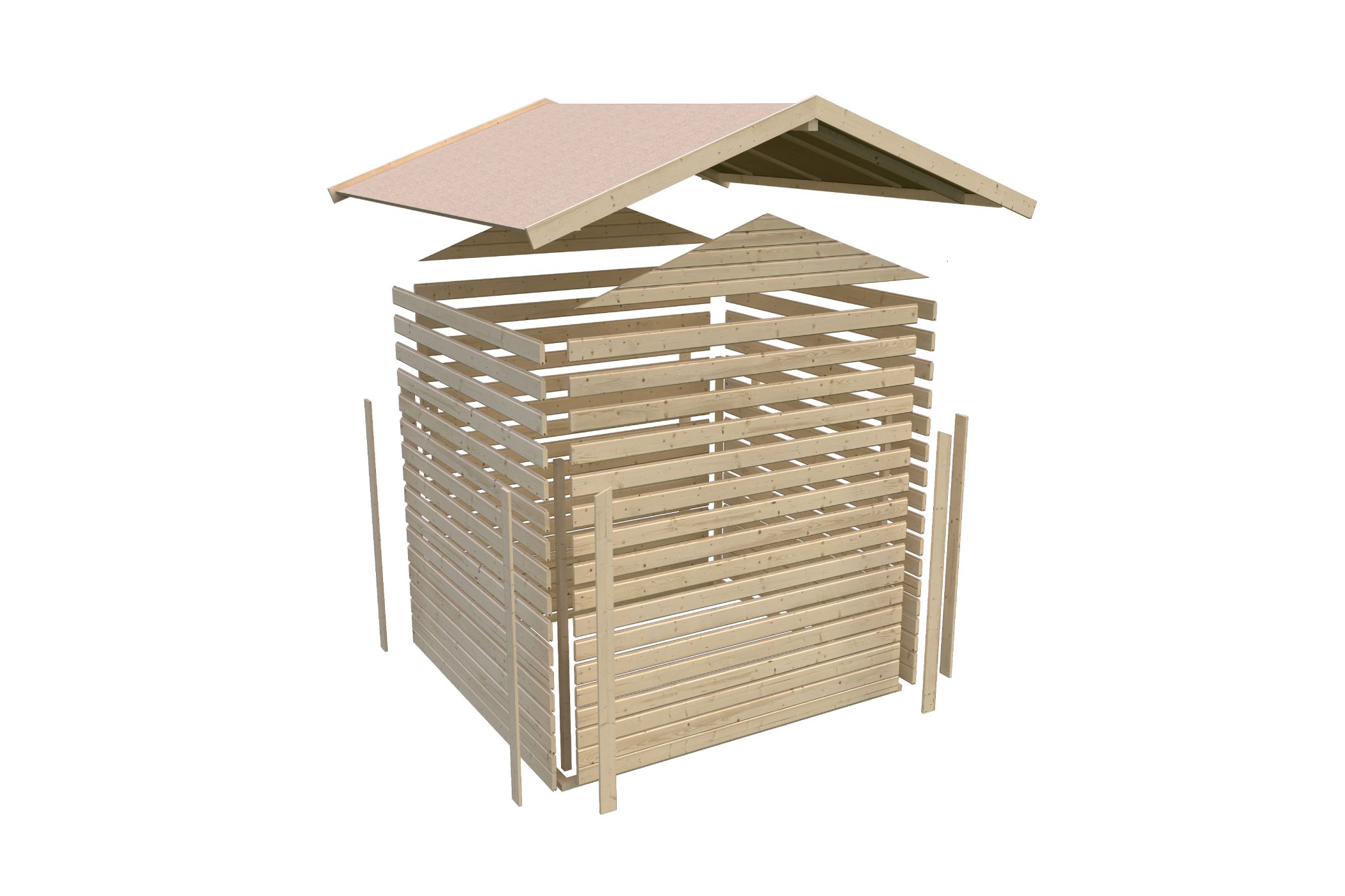 Aufbaudarstellung der Karibu kleines Gartenhaus Verkaufshaus 1 mit allen Bauteilen
