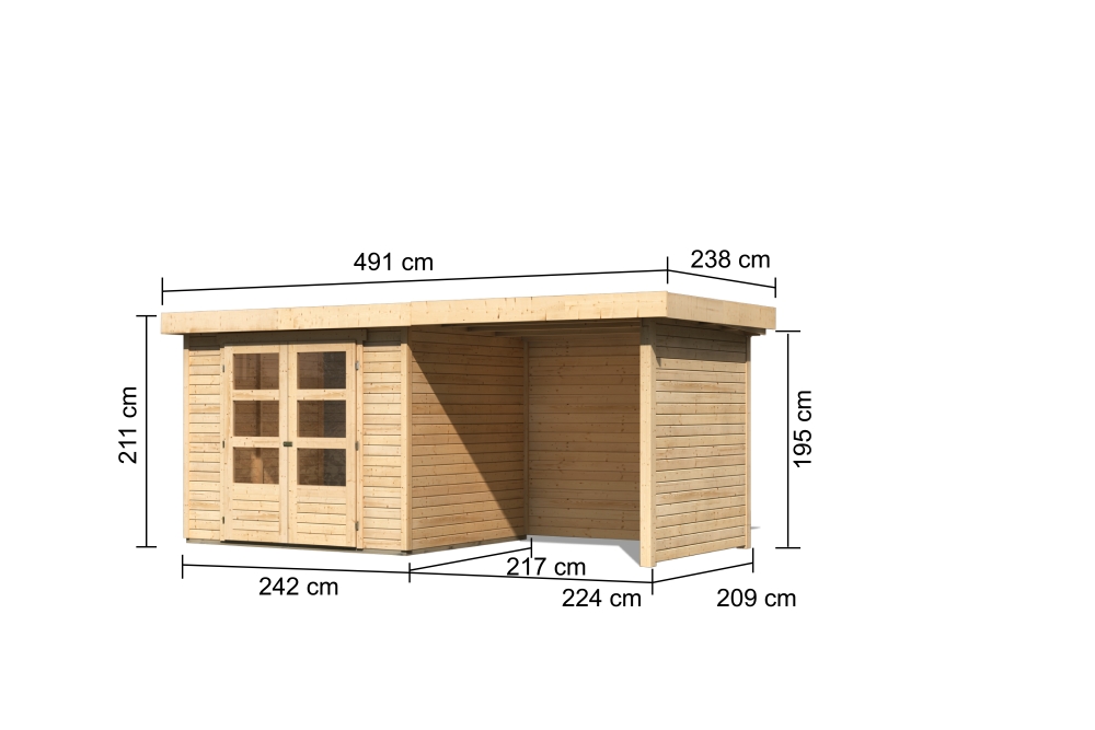 Bemaßte Maßzeichnung des Karibu Gerätehaus Askola 3 mit Anbaudach, 491 × 238 cm