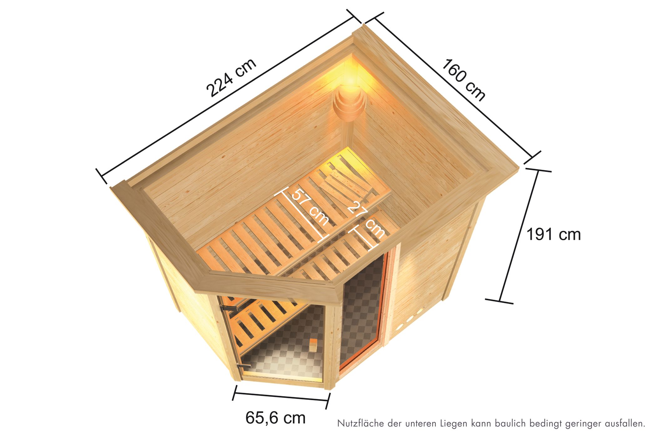 Maßzeichnung der Karibu Sauna Jada mit Außenmaß 224 × 160 cm und Höhe 191 cm